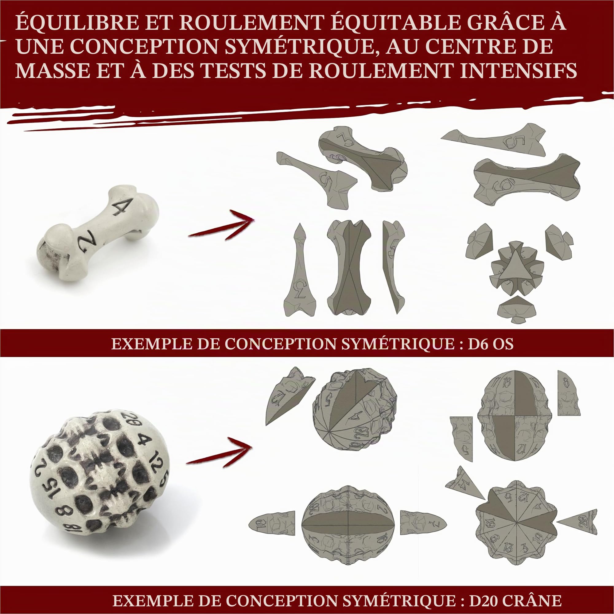 Set de Dés JdR - 7 Dés Crâne & Os/Skull & Bone Dice Set pour DND - D20,D12,%D10,D10,D8,D6,D4. Cadeau pour Donjons & Dragons/Dungeons & Dragons, Warhammer, D&D, Pathfinder, Accessoires de Jeu de Rôle