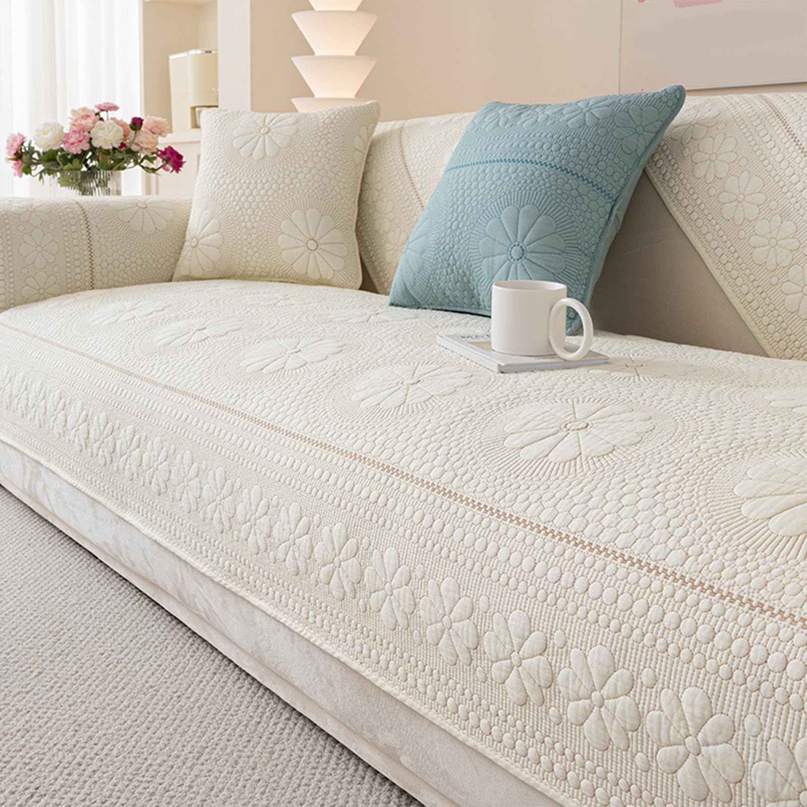 Copertura per Divano in Cotone Trapuntato, Modello Margherita, Stile Rustico, Antiscivolo, Morbida, Lavabile, Protezione per Divano da Cani e Animali Domestici Beige 110x210cm/43.31x82.68in