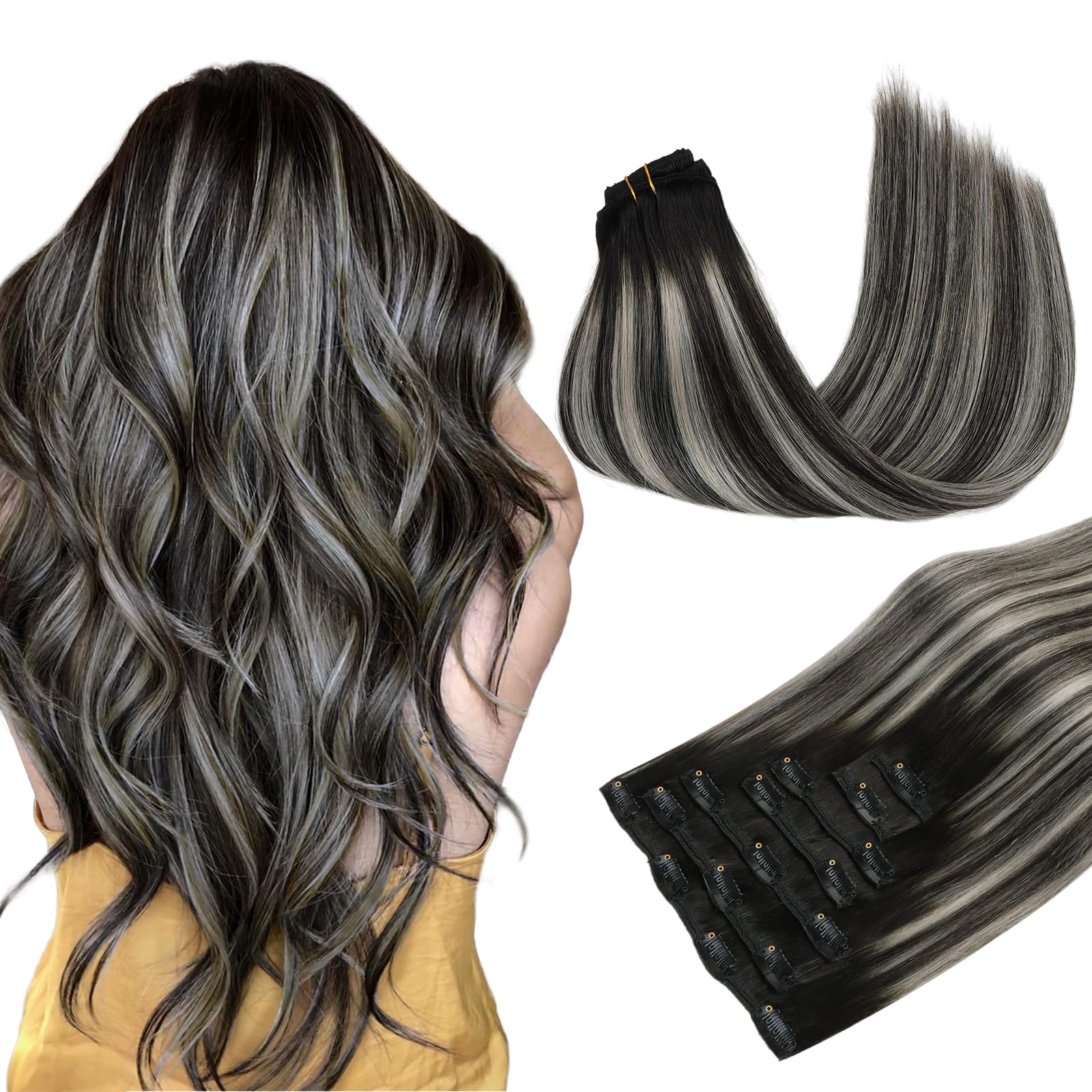 MAXITA Clip in Hair Extensions Real Human Hair, Remy Human Hair Clip in Extensions for Women, Natural Human Hair, 18 inch 120g 7Pcs, Balayag Natural