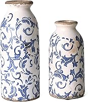 VICTOR & TERESA Blue White Crackle Glaze Ceramic Vases Set of 2 - Farmhouse Rustic Flower Vases for Pampas Grass, Table Centerpieces, Home Decor 8 Inch