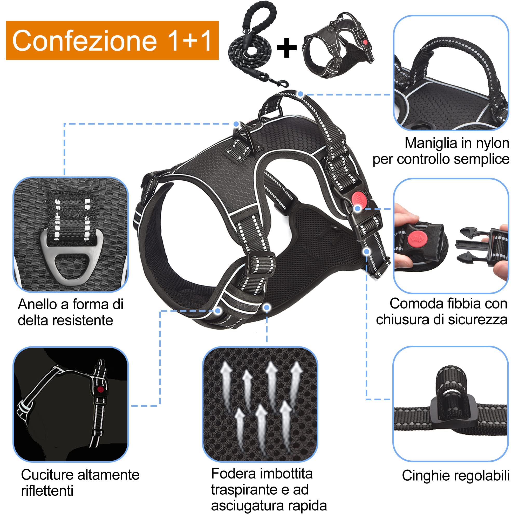 haapaw Pettorina per cani di taglia media regolabile riflettente Oxford Controllo Facile Con Guinzaglio Libero e Resistente Per Cani Grandi