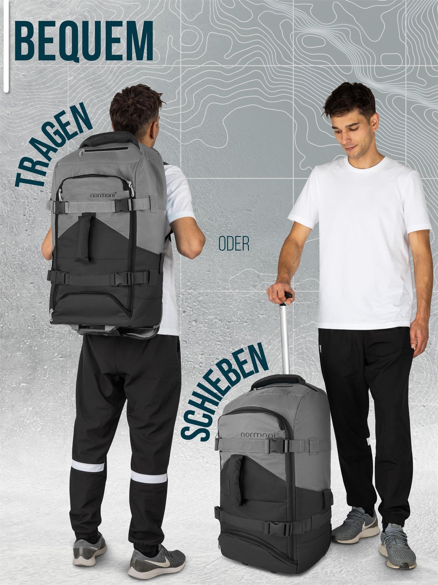 normani Backpacker Reisetaschen-Rucksack mit Trolleyfunktion - Trolley mit Frontloader Funktion und vielen Taschen 60 Liter Farbe Schwarz/Grau
