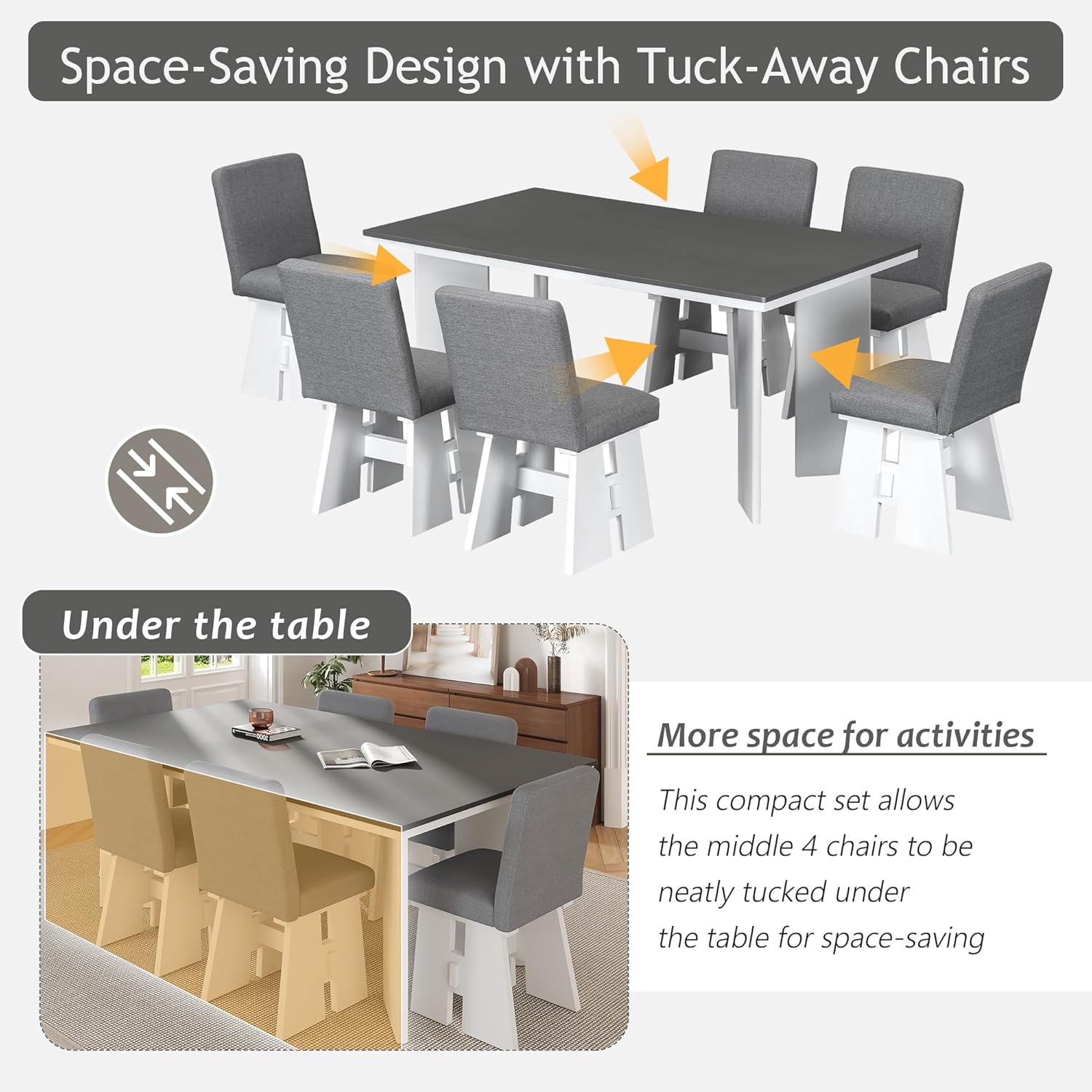 Diagram illustrating how the four middle dining chairs can be tucked under the table to save space.