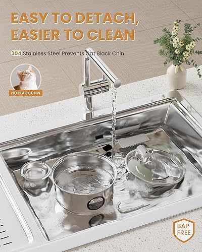 Miniatura 5 de Fuente de agua para gatos de acero inoxidable, fuente ultra silenciosa para gatos de 108 onzas  3.2 L para beber con cuenco de agua extraíble,