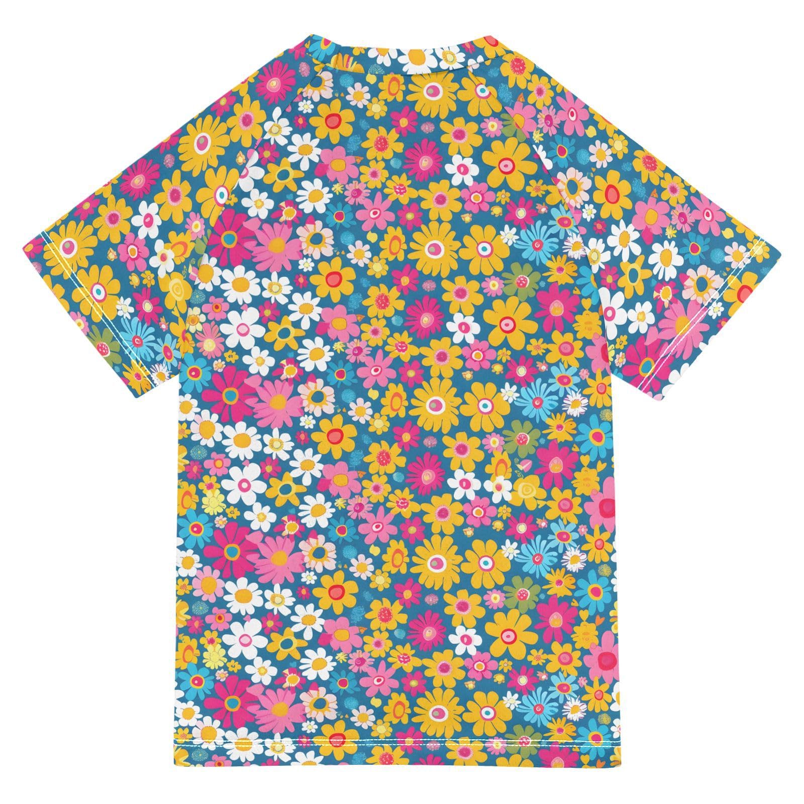 ALAZA Boys Swim Shirts Toddler Rash Guard Short Sleeve Rashguard Bright Retro Groovy Floral UPF 50+ 11-12T