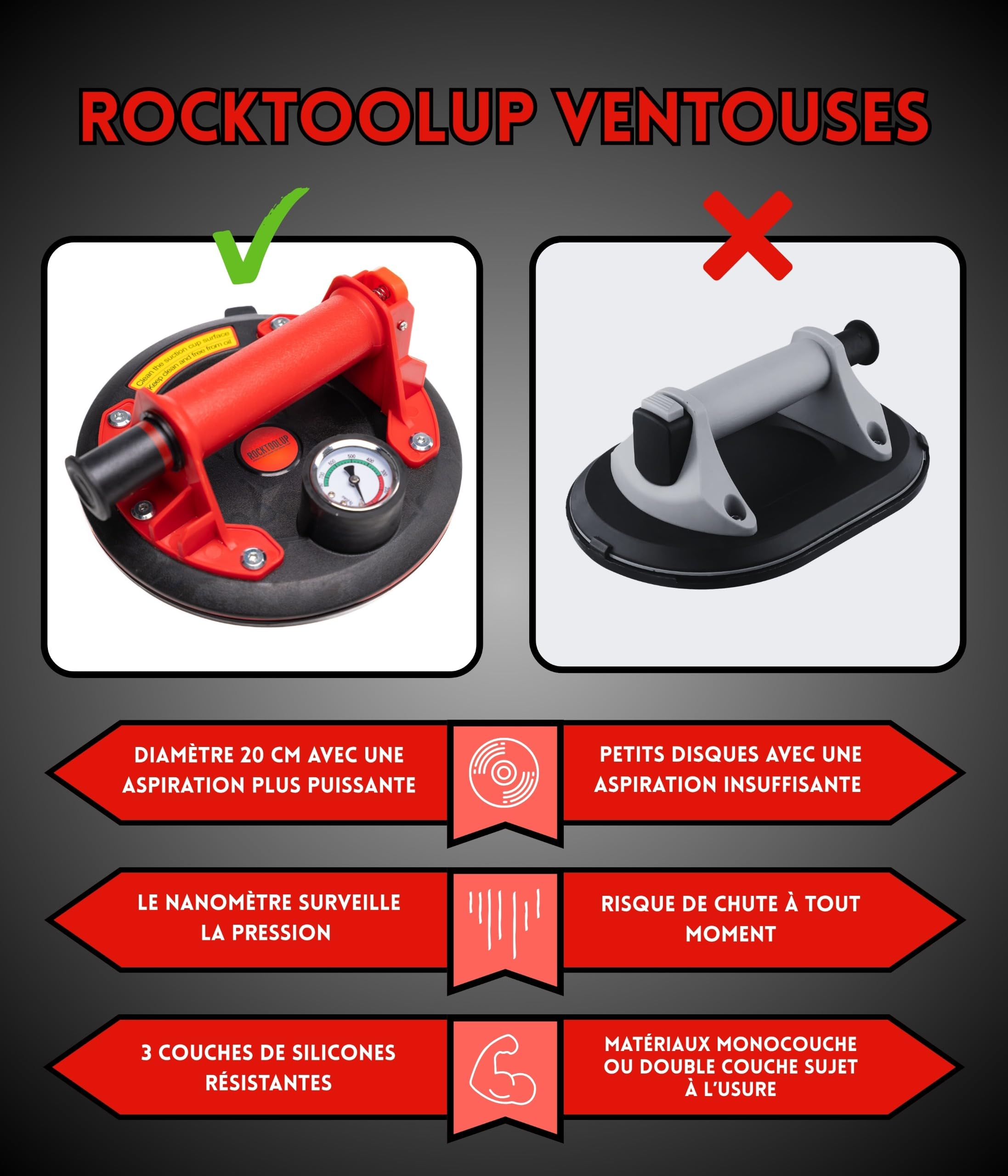 2 Ventouses Carrelage RockToolUp 200mm avec Manomètre | Capacité jusque 400kg, Professionnelles, Pour Carreaux, Pare-brise, Meuble, Déménagement, Kit & Malette incluse