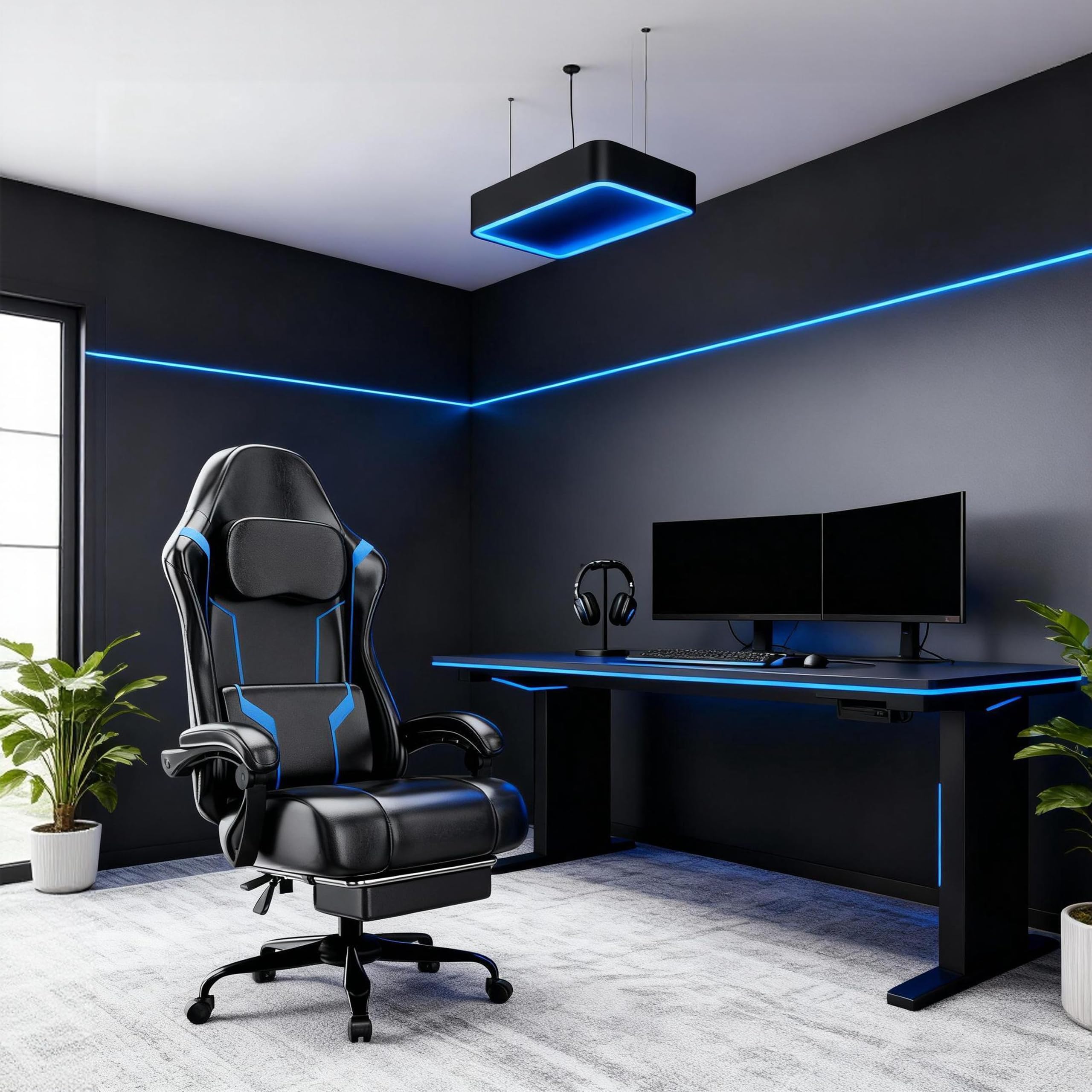 Chaise Gaming pour Adulte, Chaise de Bureau Ergonomique avec Dossier réglable, Fauteuil Gaming avec Appui-tête et Soutien Lombaire, Siege Gaming Rotatif avec Accoudoir (Bleu)