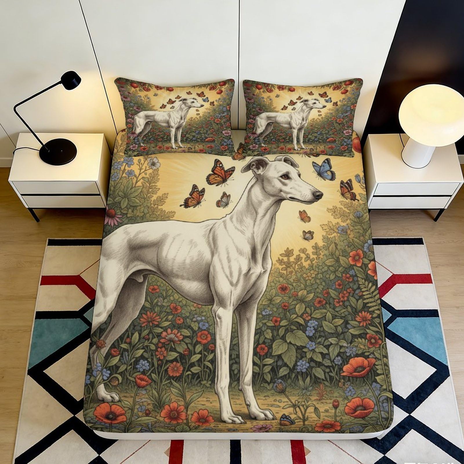 3D Printed Greyhound and Butterflies Fitted Sheet Microfiber Soft Non-slip Bed Cover for Bedroom Guest Room Decor 90x200x25cm