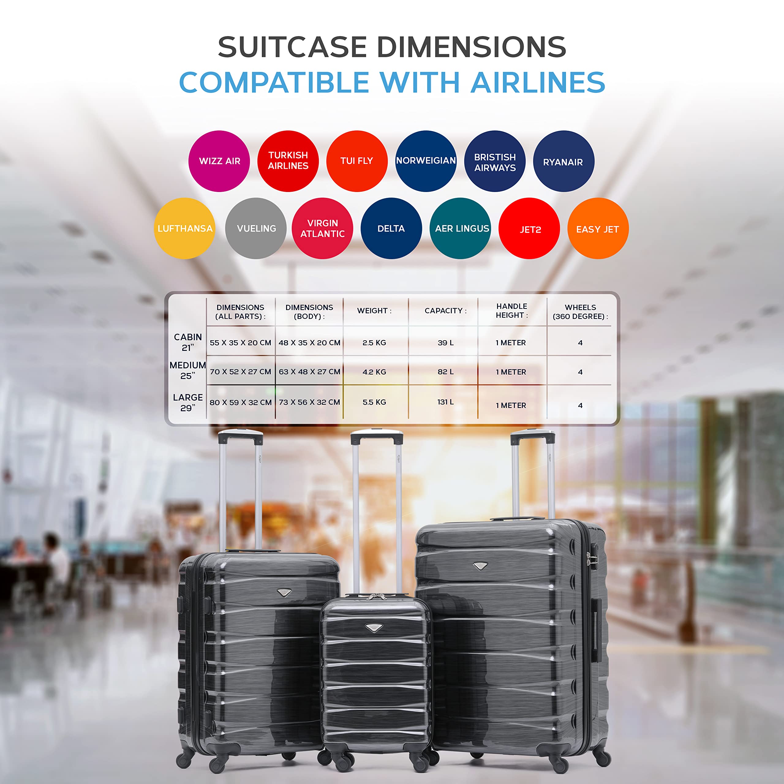 Flight Knight Lightweight 4 Wheel ABS Hard Case Small Suitcase Approved for Over 100 Airlines Including easyJet, British Airways, Ryanair, Jet2, Emirates & Many More - Carry On 55x35x20cm