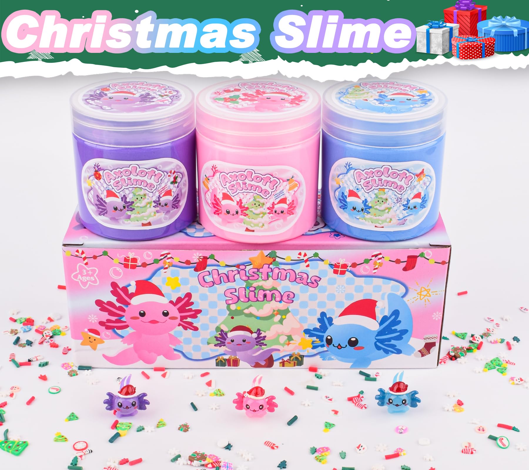 3 Pack Christmas Butter Slime, Pink, Blue, Purple Axolotl Charms, Soft, Stretchy, Scented Slime Party Favor for Girls & Boys - Image 2