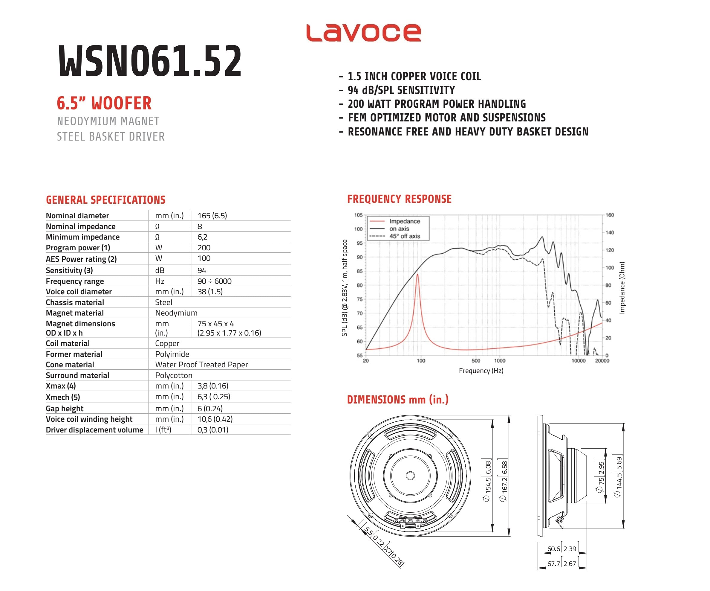 WSN 061.52 La Voce Italiana Woofer 165 mm 6,5 Pollici 100 W AES Neodimio 8 ohm