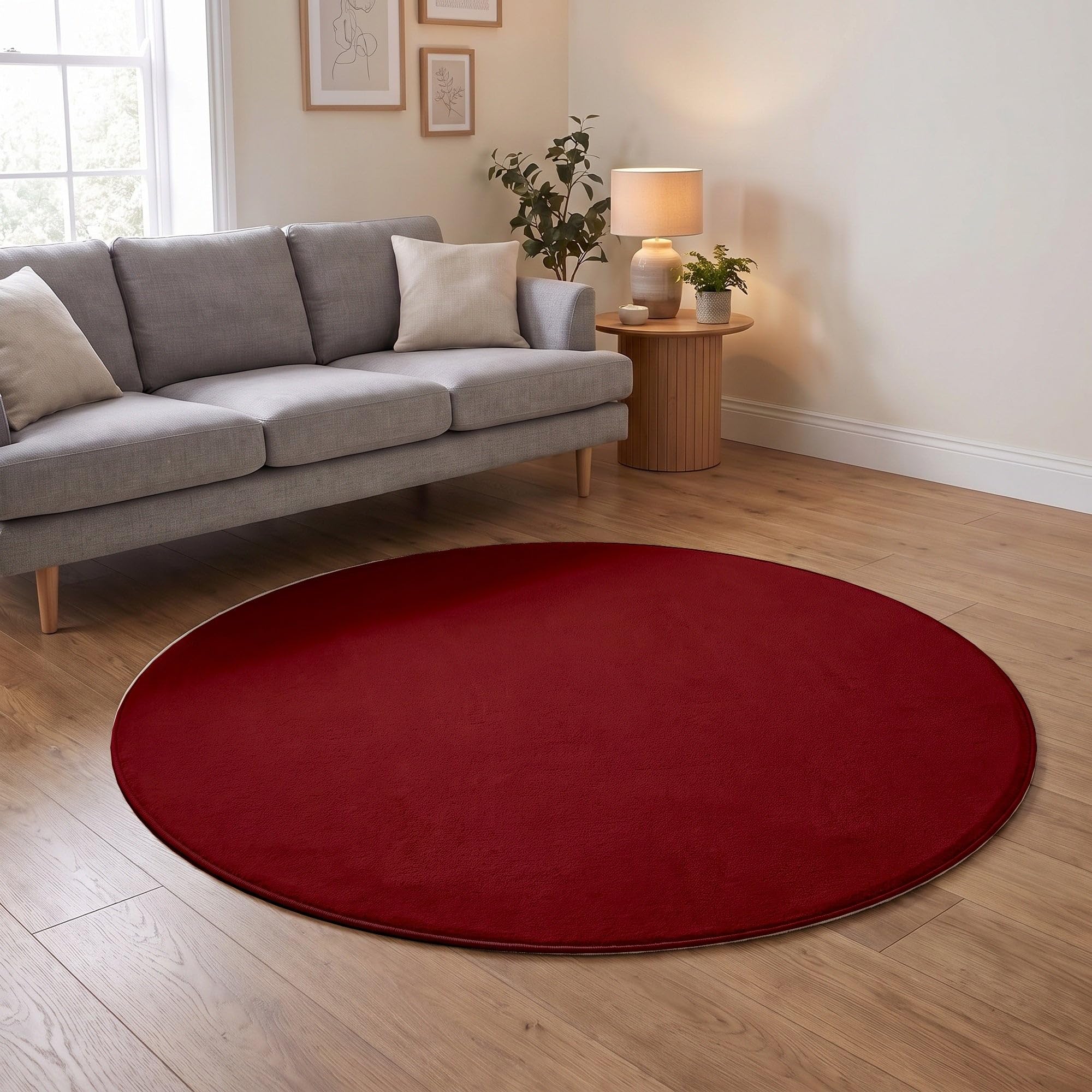 THE RUGS Washmellow Round Rug Living Room - Washable Non-Slip 120 cm, Red 9 mm Soft Low Pile Bedroom Kitchen