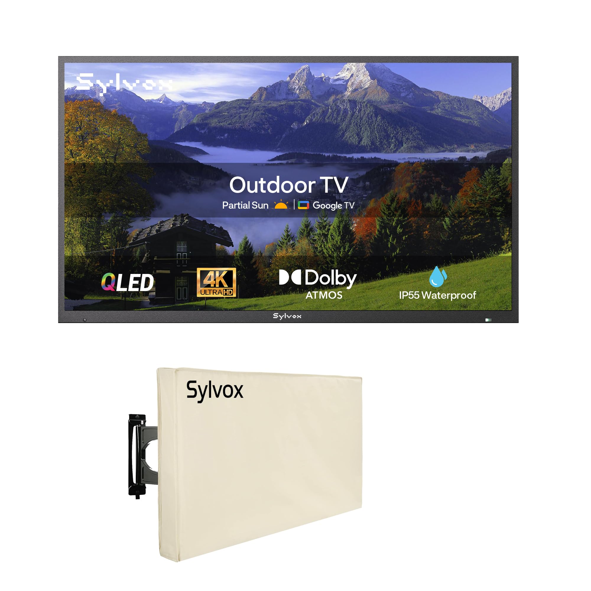SYLVOX Televisor de Exterior, 43" QLED 4K UHD 1000Nits, Smart Google TV IP55 Impermeable, Dolby Atmos, WiFi, DVB-C/T2/S2, HEVC,Asistente de Google, Outdoor TV para Jardín y Terraza (Deck Pro QLED 2.0)