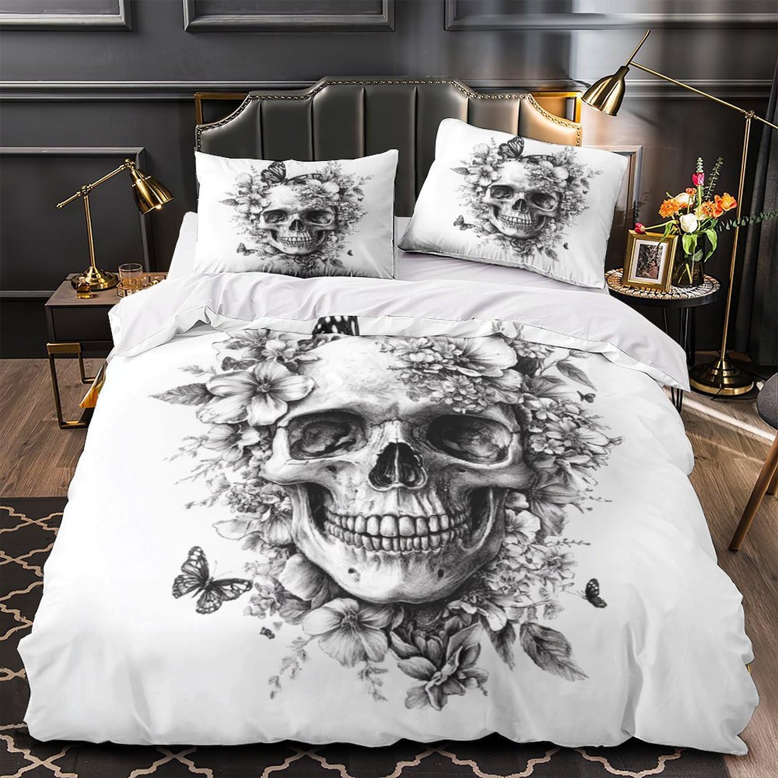 Housse de couette crâne fleurs anti-acarien fermeture éclair 140x200