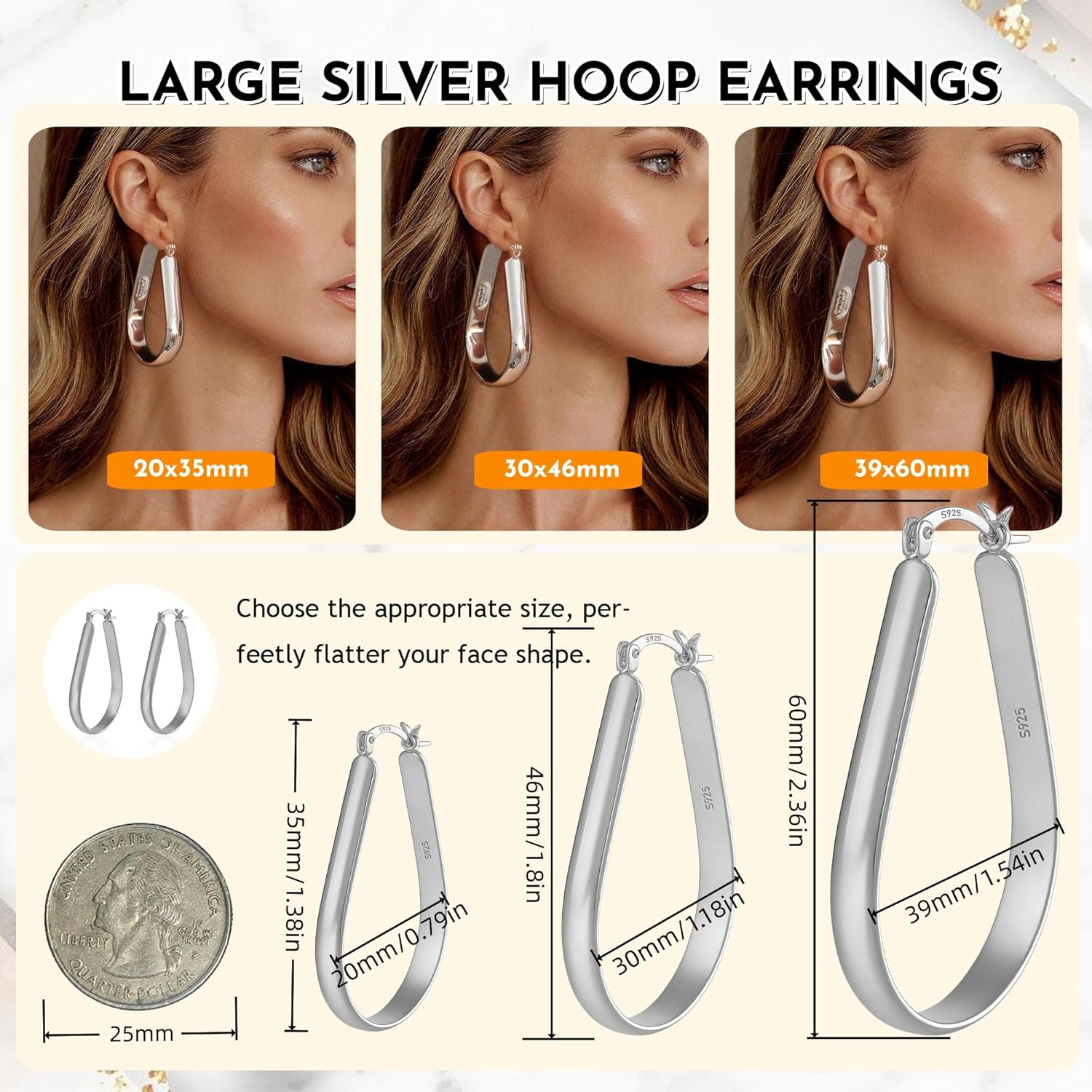 Sterling Silver Large Hoop Earrings for Women, Lightweight Big Gold Hoops, 14K Gold Plated Oval Hoops, Hypoallergenic Non Tarnish Jewelry Gifts, 20/30/40mm - Image 3