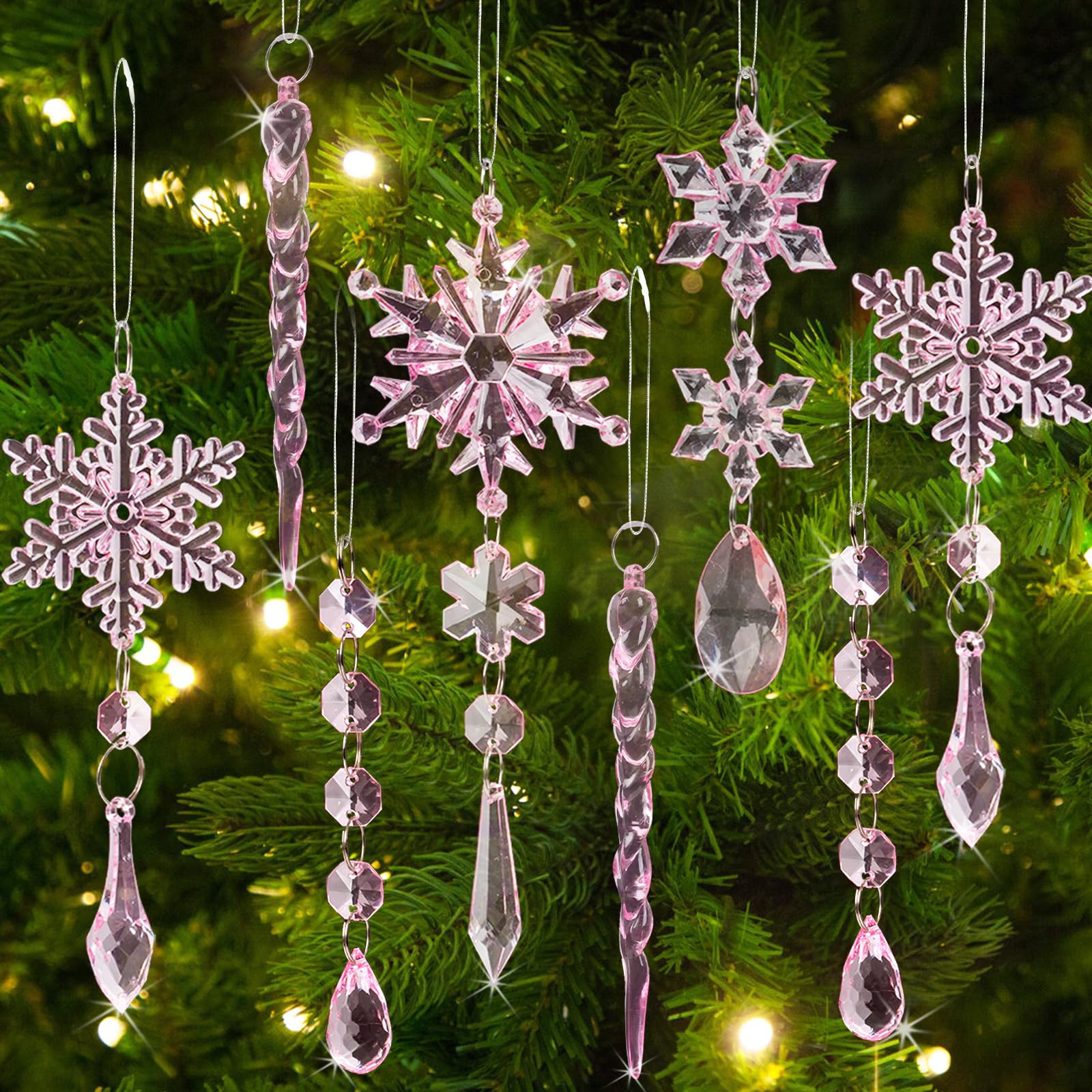 36pcs Crystal Christmas Ornaments for Tree Decorations, Pink Hanging Acrylic Snowflake Icicle Star Ornaments with Drop Pendants for Winter Wonderland Chandelier Crystals Decorations Supplies