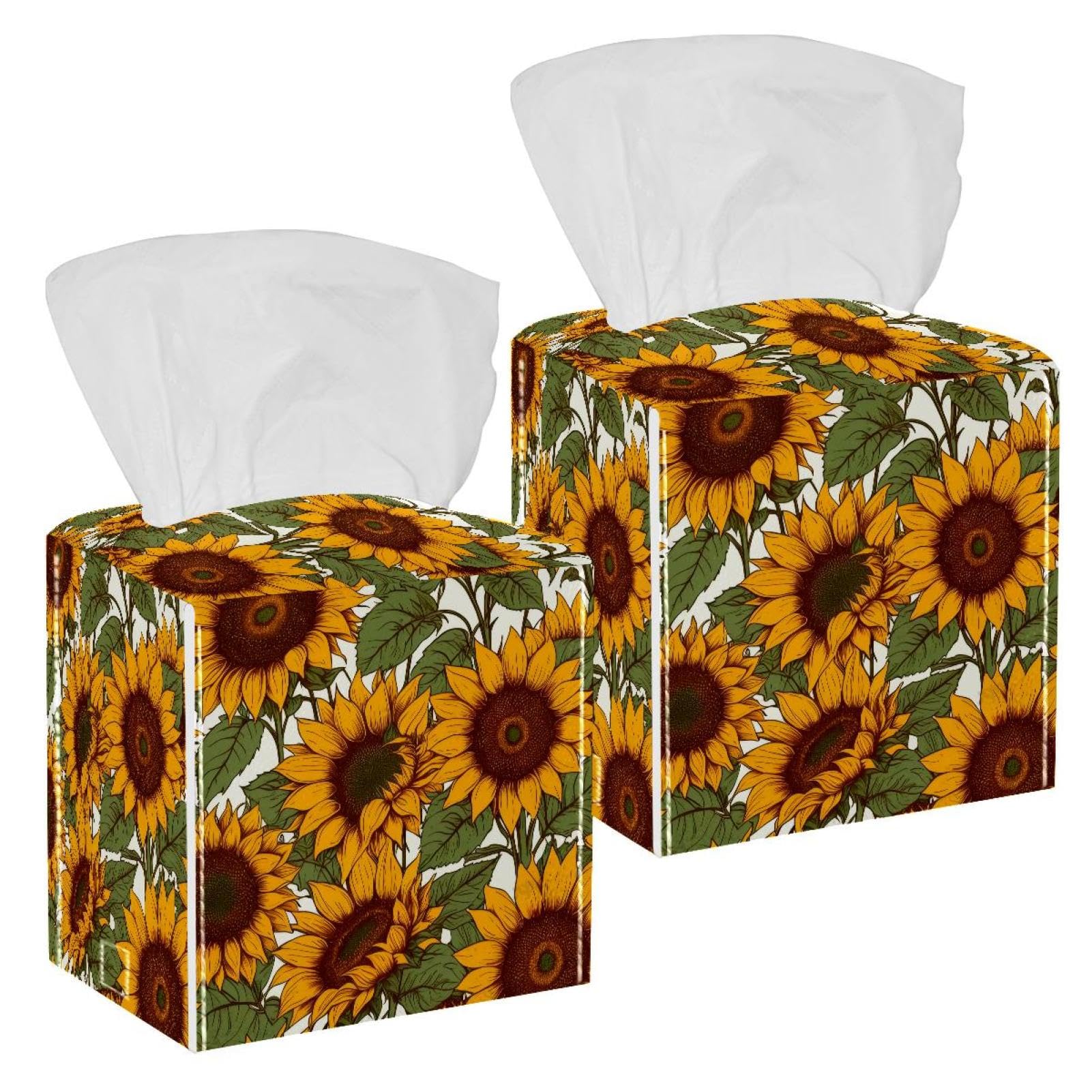 Sunflowers Tissue Box Cover, 2 Pack PU Leather Square Facial Tissue Dispenser Box holder for Home Office Car