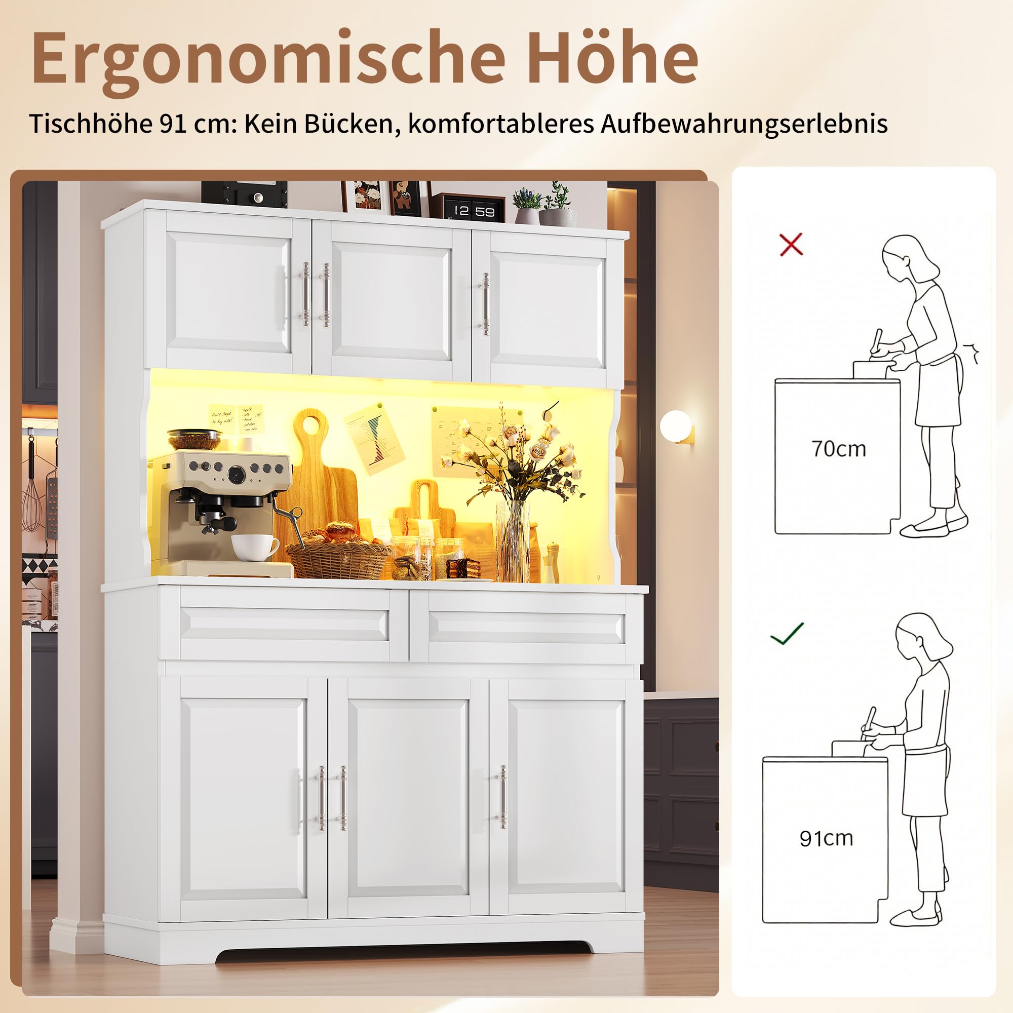 Kebnor Armadi da cucina (108 x 40 x 180 cm), mobile alto con controllo tramite app, ripiani regolabili con piano di lavoro, per cucina, sala da pranzo, credenze con illuminazione a LED (bianco)