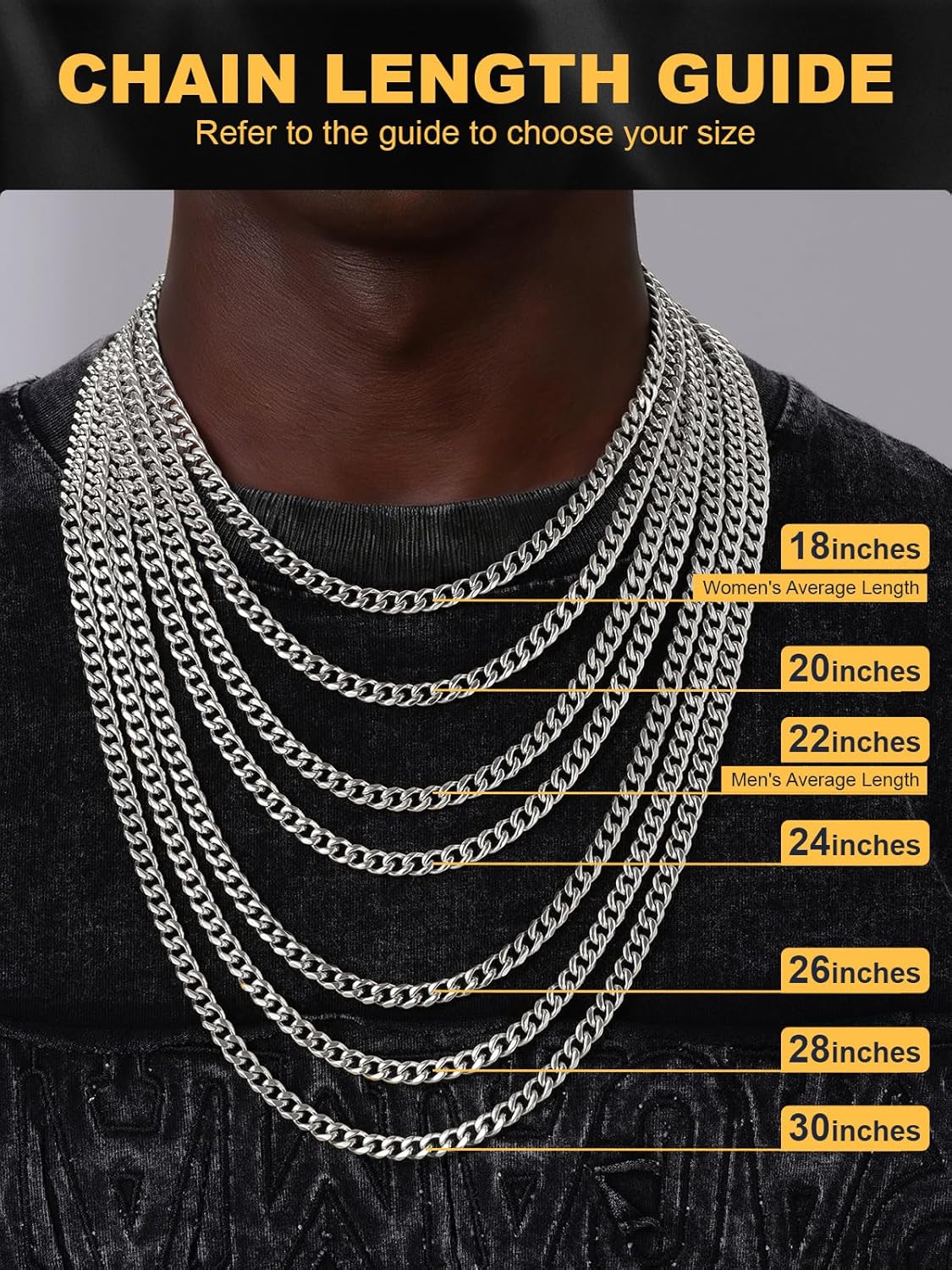 U7 Cuban Link Chain Necklace, Stainless Steel/Black/Gold Plated Chunky Curb Chain Necklace for Men Women, 14-30 Inches, 3/6/9/12 mm Width - Image 6