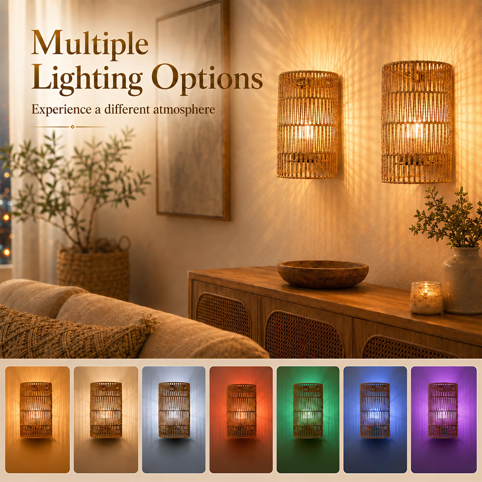 2 Stück Boho Rattan Wandlampe Innen Akku,wandleuchte innen Stromanschluss,RGB Dimmbare Wandleuchten mit Fernbedienung, 3Zeitplanungsmodi, Boho Rattan Nachttischlampe für Schlafzimmer Wohnzimmer Flur