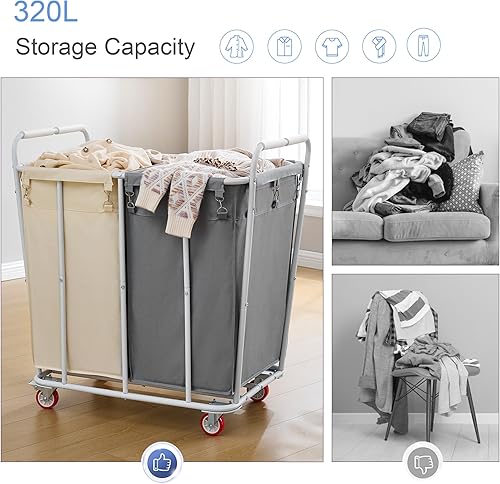 Miniatura 5 de Hoctieon Carrito clasificador de lavandería de 2 secciones, cesta de lavandería rodante con ruedas, organizador de cesta de lavandería resistente,