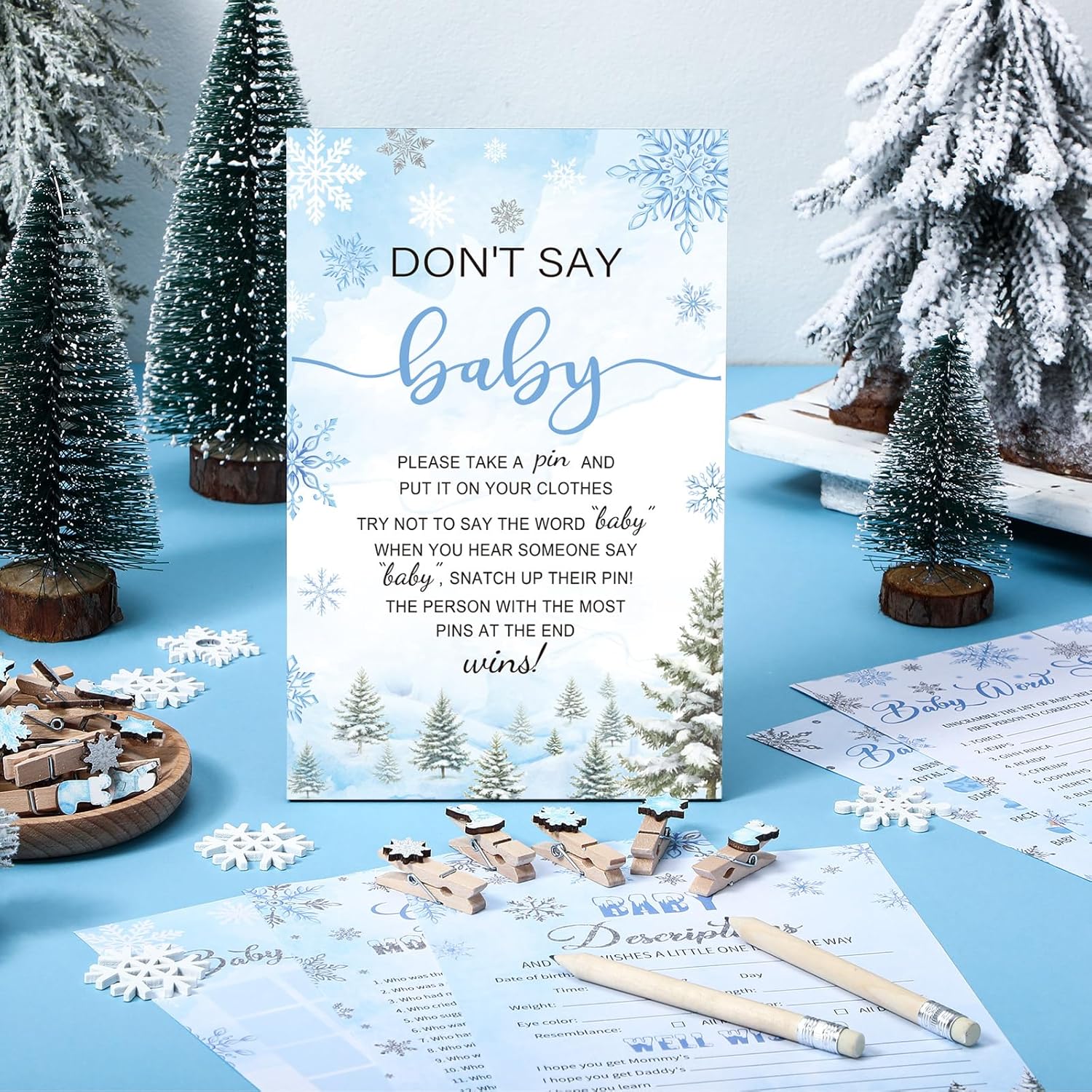 Patelai 321 Pcs Blue Snowflake Baby Shower Game Supply for Girl or Boy 5 Set Include 50 Activity Card 20 Pencil 1 Don't Say Baby Sign 50 Clothespin for Price Is Right Prediction Bingo Game Party Decor