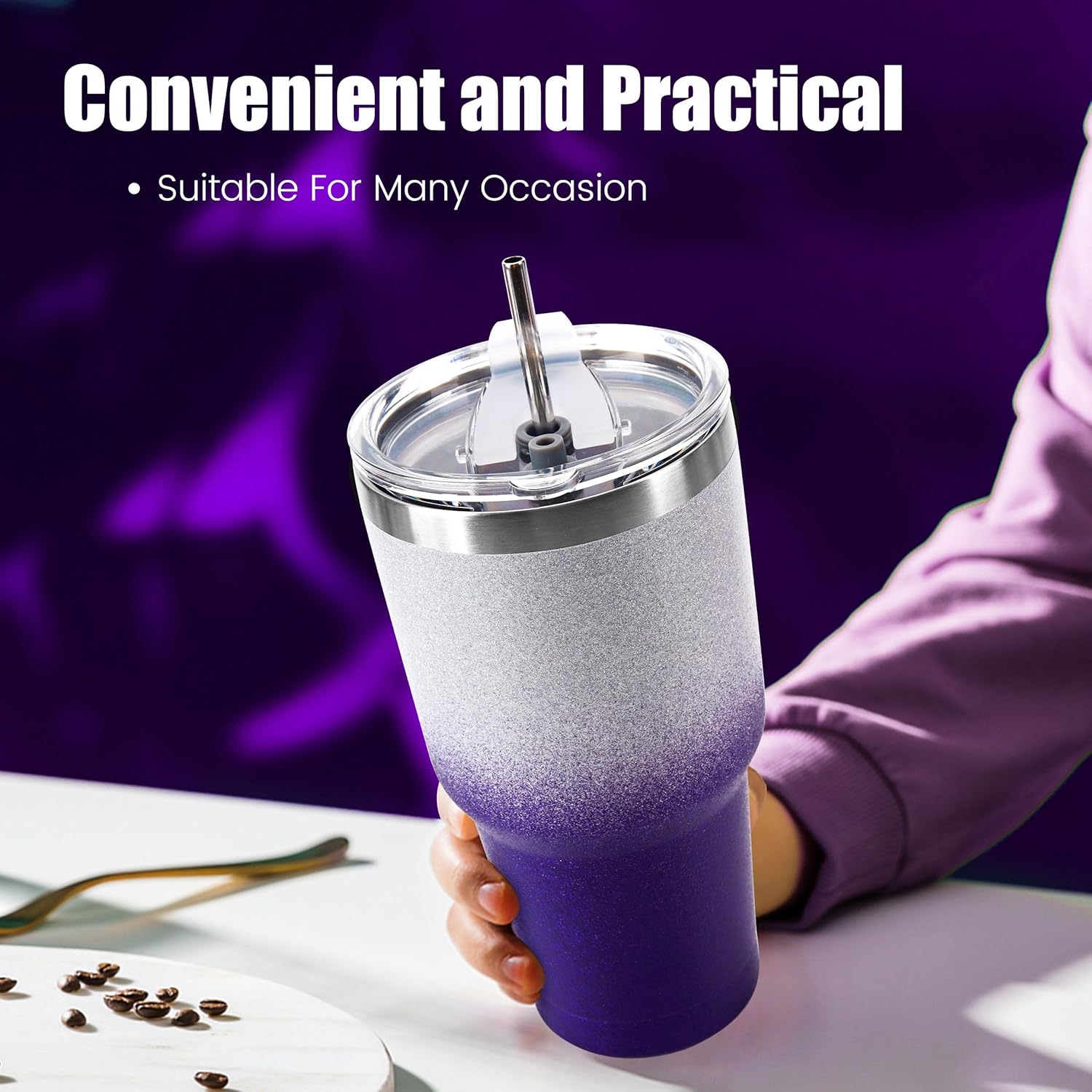 D·S 30 oz Tumbler Purple Glitter Gradient Cup Stainless Steel Double Wall Vacuum Insulated Mug with Straw and Lid, Cleaning Brush for Cold and Hot Beverages - Image 6