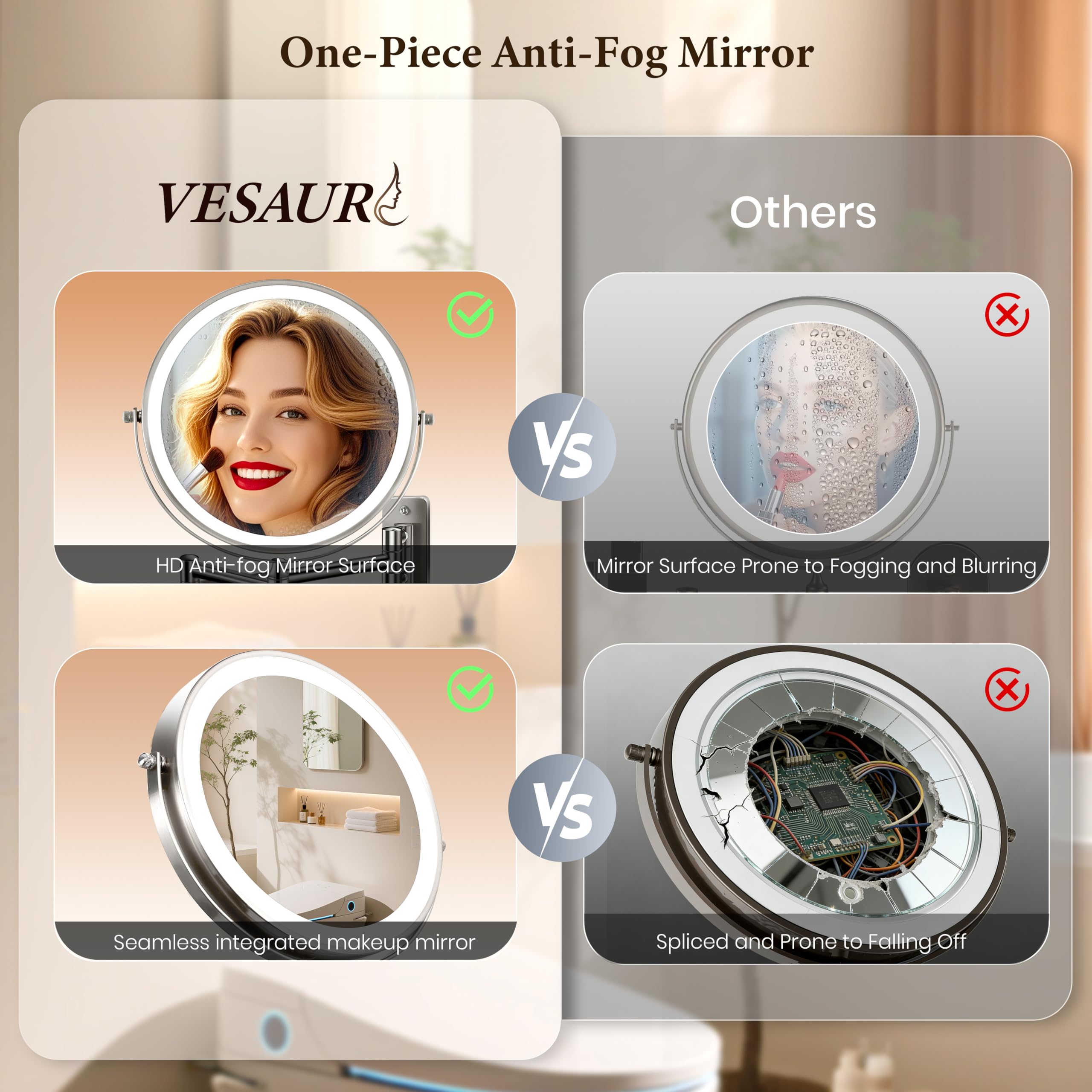 Vesaur 9-Inch Wall-Mounted Lighted Makeup Mirror, 1X/20X, 3-Color LED