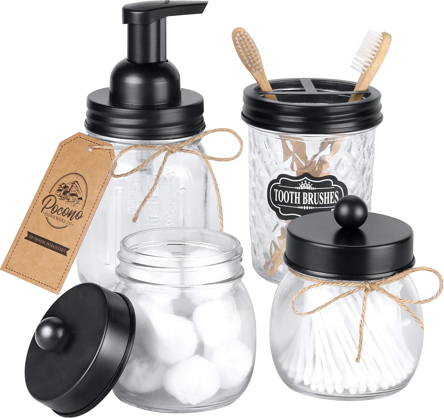 Premium Mason Jar Bathroom Accessories Set, FOAMING Soap Dispenser, 2 Apothecary Jars (Qtip Holder), Toothbrush Holder, Rustic Bathroom Accessories Farmhouse Decor Vanity Organizer, Matte Black
