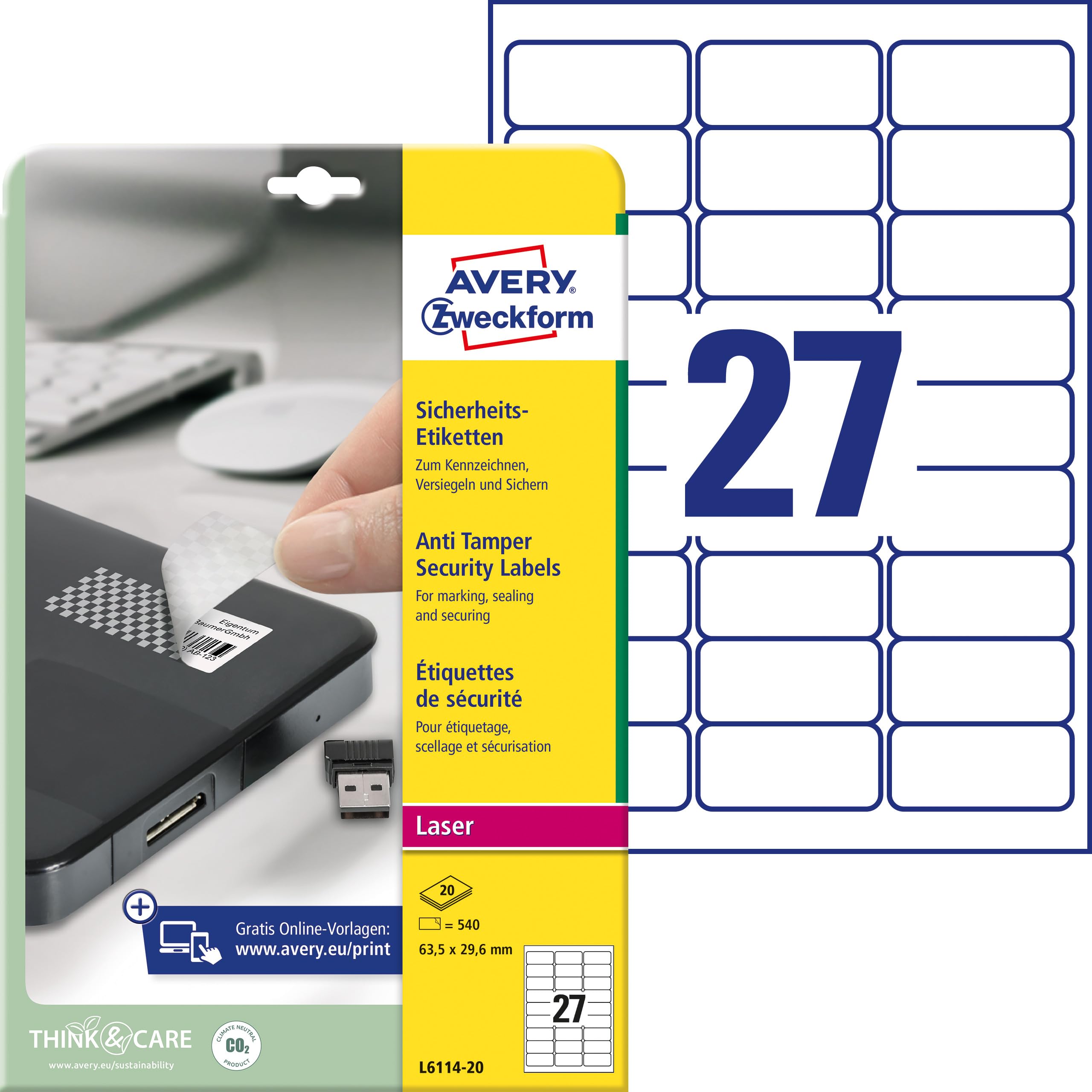 AVERY Zweckform L6114-20 Sicherheitsetiketten (540 Folienaufkleber, 63,5x29,6mm auf A4, stark selbstklebend, fälschungs-/manipulationssicher Sicherheitsfolie, bedruckbare Klebefolie) 20 Blatt, weiß