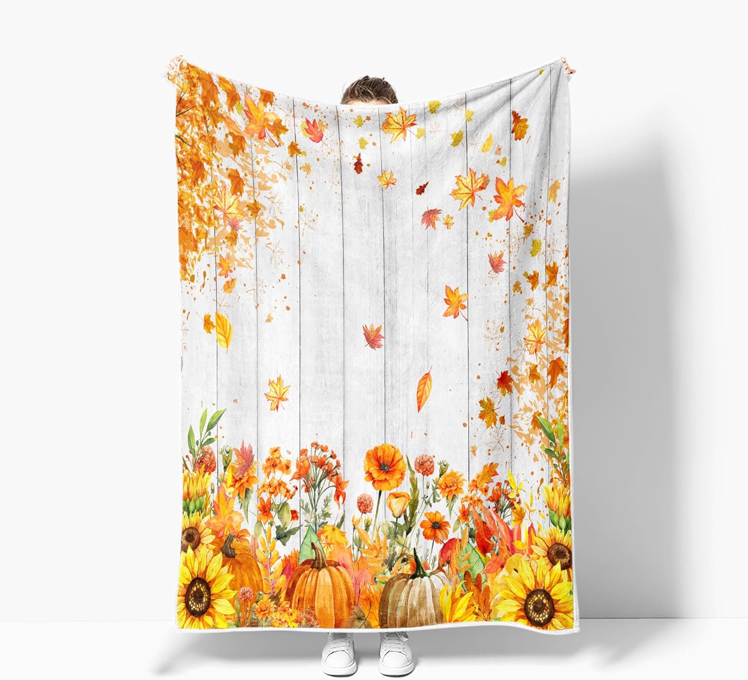 Fall Pumpkin Throw Blanket, Autumn Thanksgiving Harvest Blanket with Watercolor Pumpkins, Sunflowers Maple Leaves Warm Cozy for Bed Couch Sofa Travel Camping Blanket- Farmhouse Decor