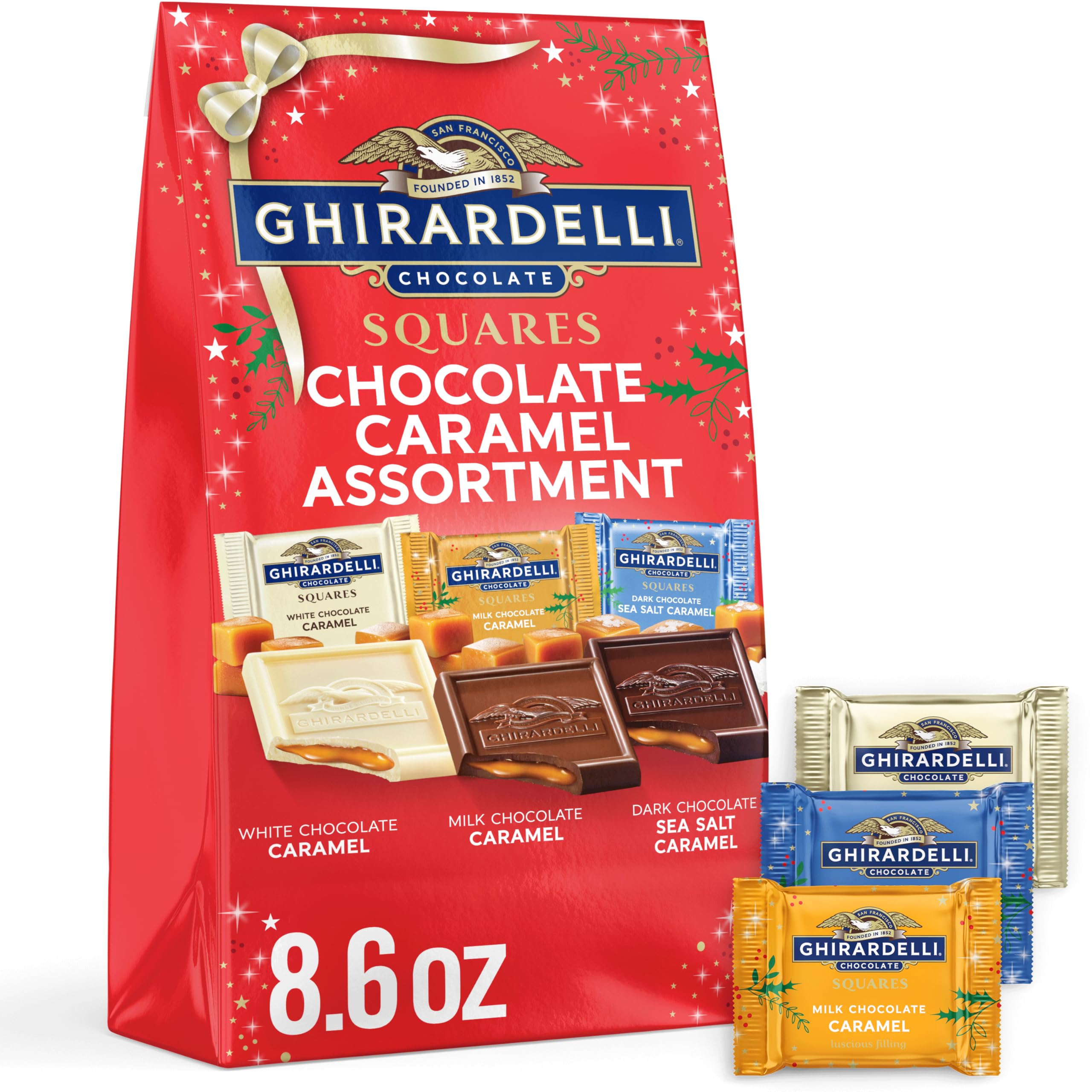 GHIRARDELLI Chocolate Caramel Assortment Squares – Limited Edition Mix of White, Milk & Dark Chocolate with Buttery Caramel Fillings, Individually Wrapped, 8.6 oz Bag