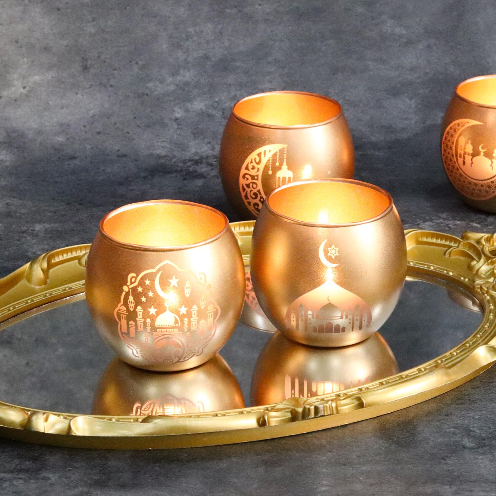 Gold Ramadan Decorations for Home Set of 6, Mosque & Crescent Moon Glass Tealight Candle Holders, Star & Lantern Votive Holders for Ramadan Table Decor, Elegant Eid Mubarak Islamic Gifts