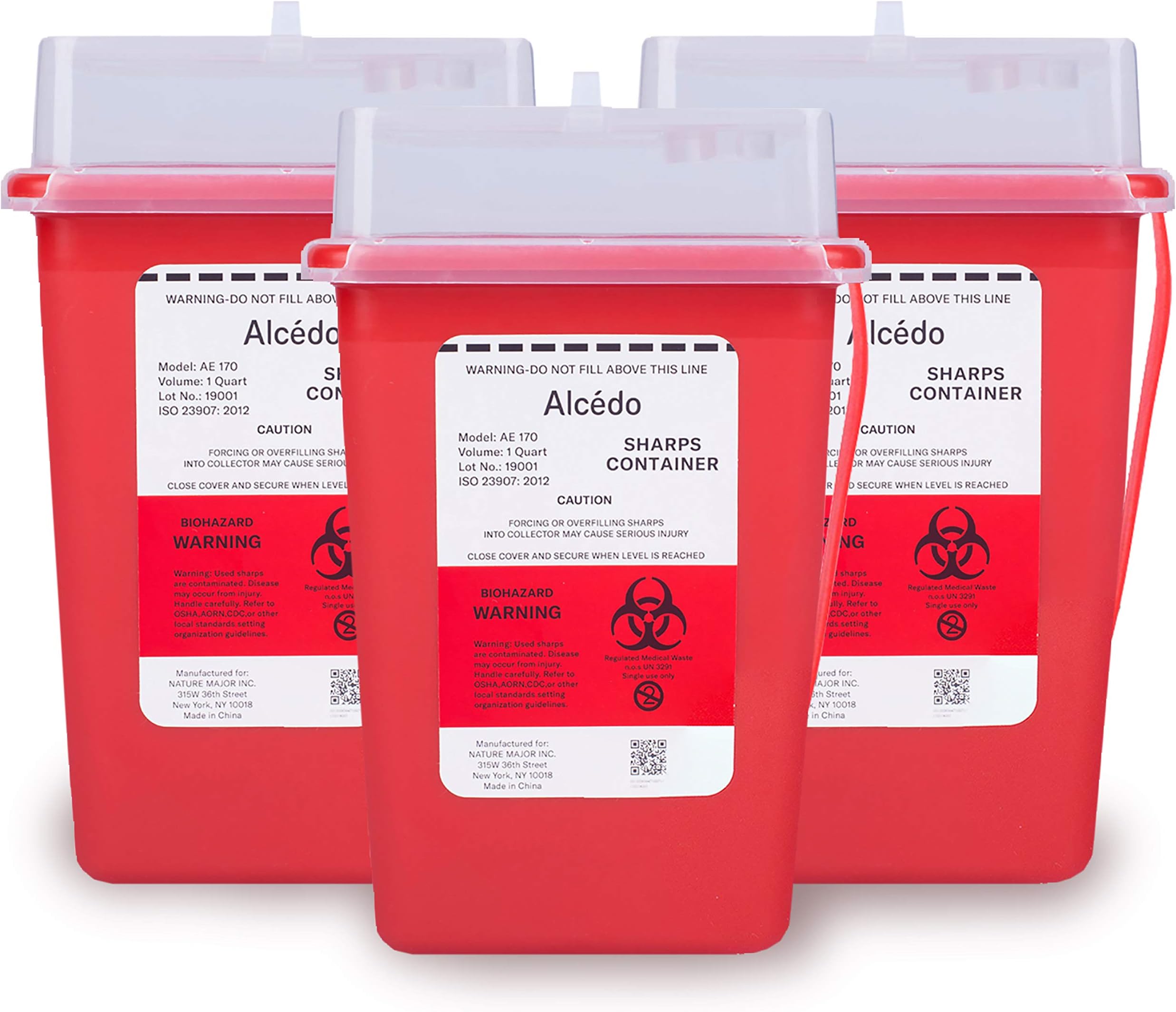 Sharps Container for Home Use and Professional 1 Quart (3-Pack) by Alcedo | Biohazard Needle and Syringe Disposal | Small Portable Container for Travel