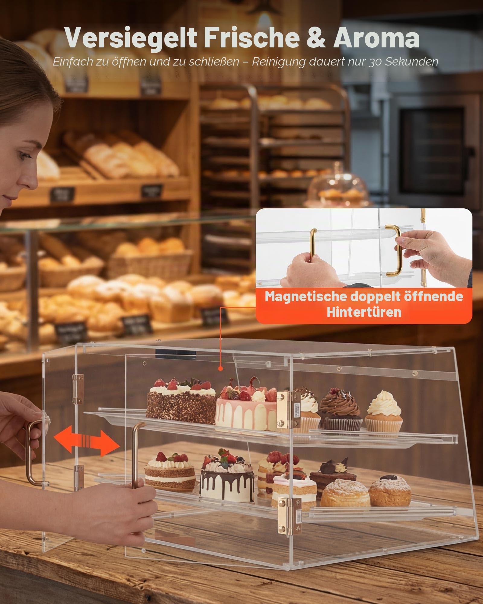 VEVOR Gebäckvitrine 2-stöckig, Gewerbliche Bäckereivitrine aus Transparentem Acryl, Thekenvitrine mit Magnetischer Rücktür & Abnehmbarer Trennwand für Kekse, Desserts und Donuts, 526 x 400 x 305 mm