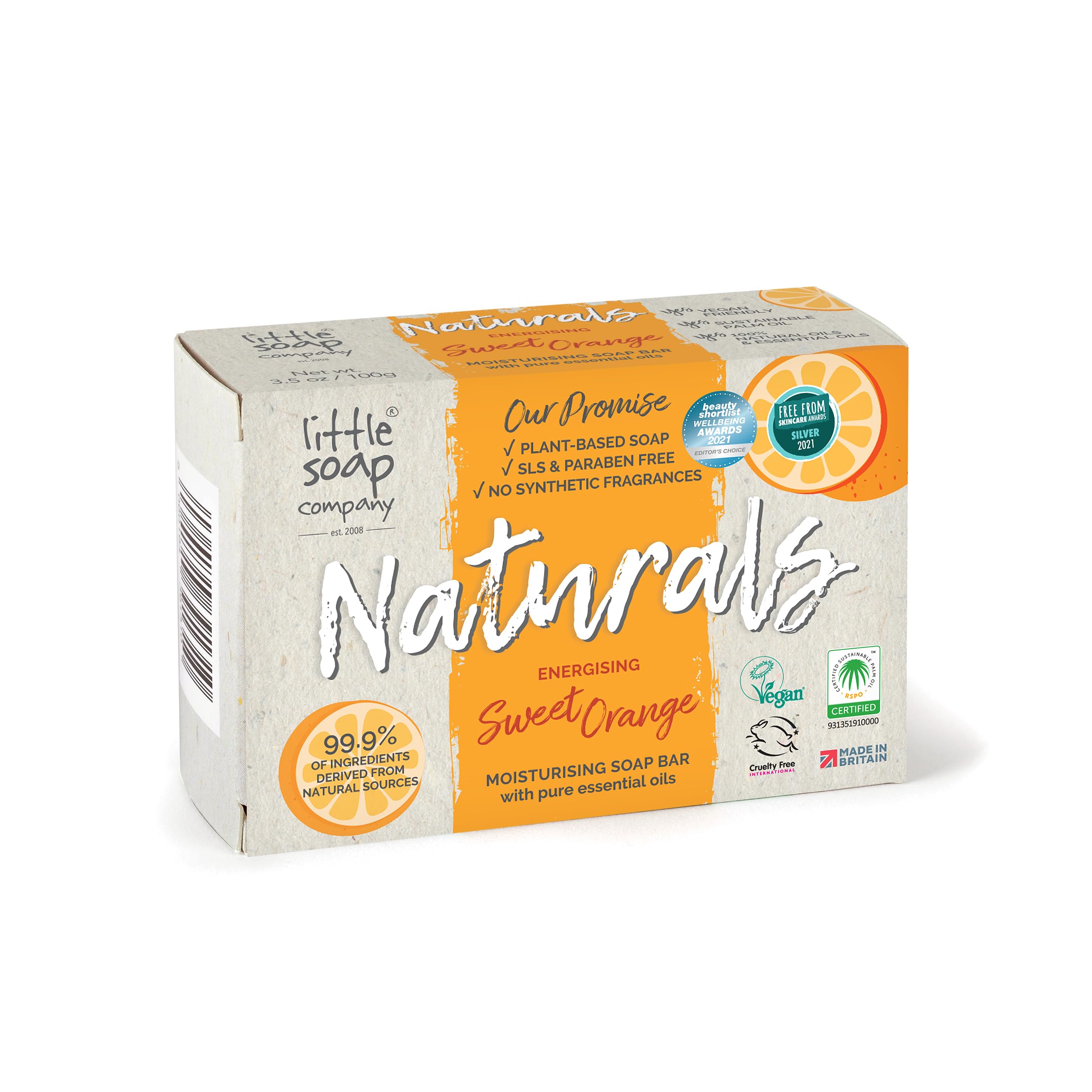 Little Soap Company Naturals Range - Bar Soap | Vegan, Cruelty Free, No SLS or Parabens, Refreshing Cleansing Soap bars, Natural Eco Friendly Body & Hand Soap, 100g (Sweet Orange)