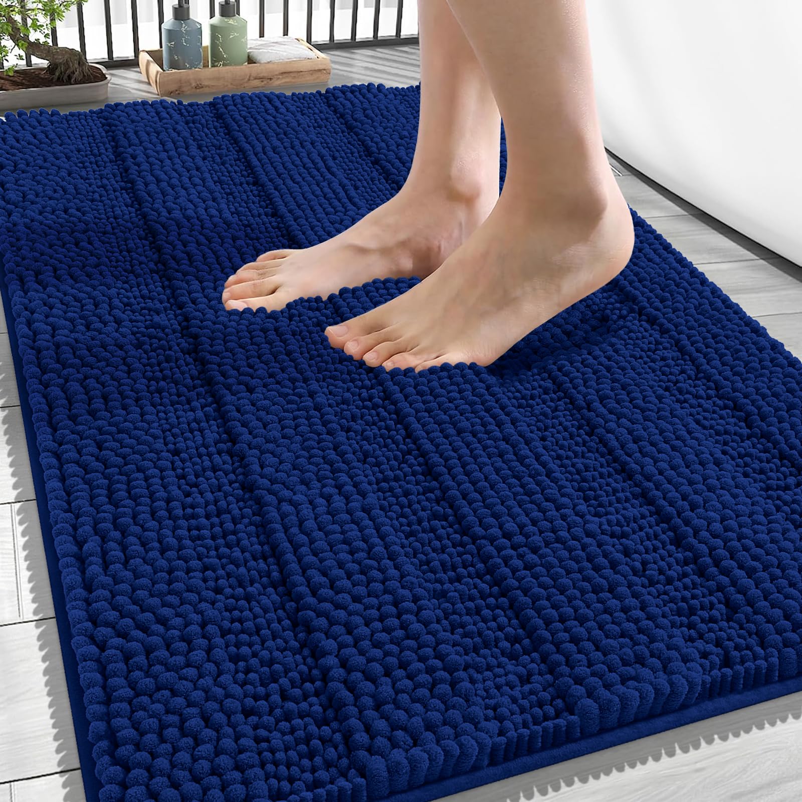OLANLY Thick Bathroom Rugs 34x21, Soft Chenille Striped Bath Rugs, Navy