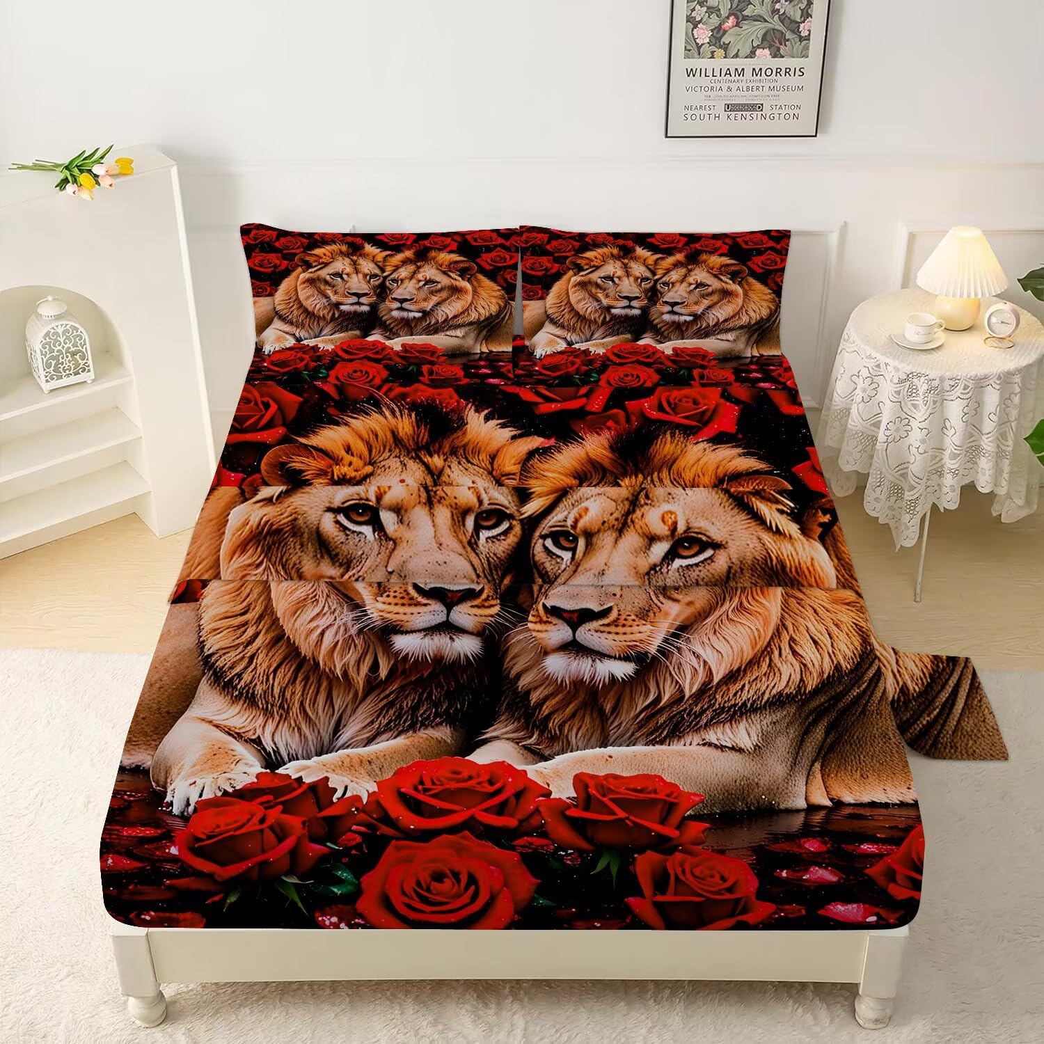 VTKON Rose Lions Sheets Set Twin for Kids and Women Animal Print Bedding Set with Deep Pocket 3D Wildlife Bed Set with 1 Flat Sheet 1 Fitted Sheet and 1 Pillowcase