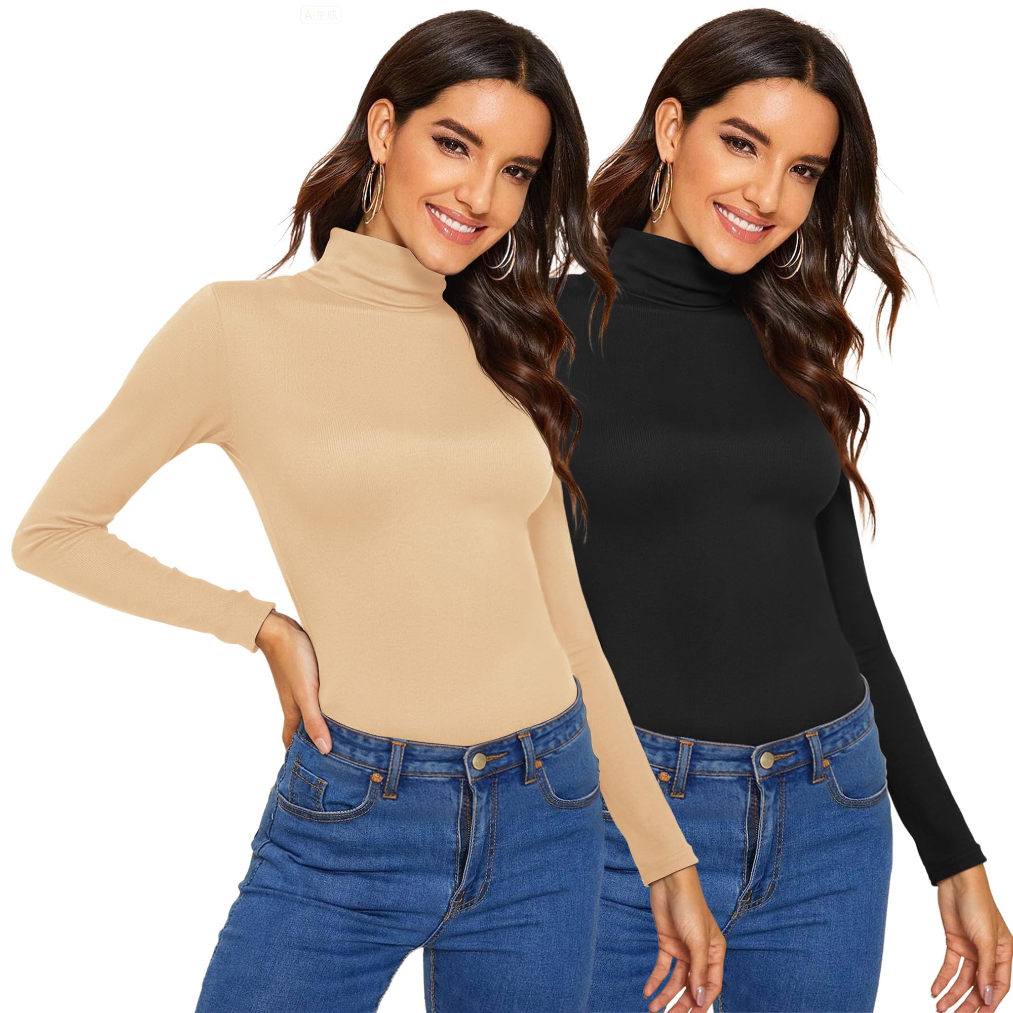 2 Pack Womens Long Sleeve Turtleneck Slim Fitted Lightweight Casual Active Layer Tops Shirts-image-16