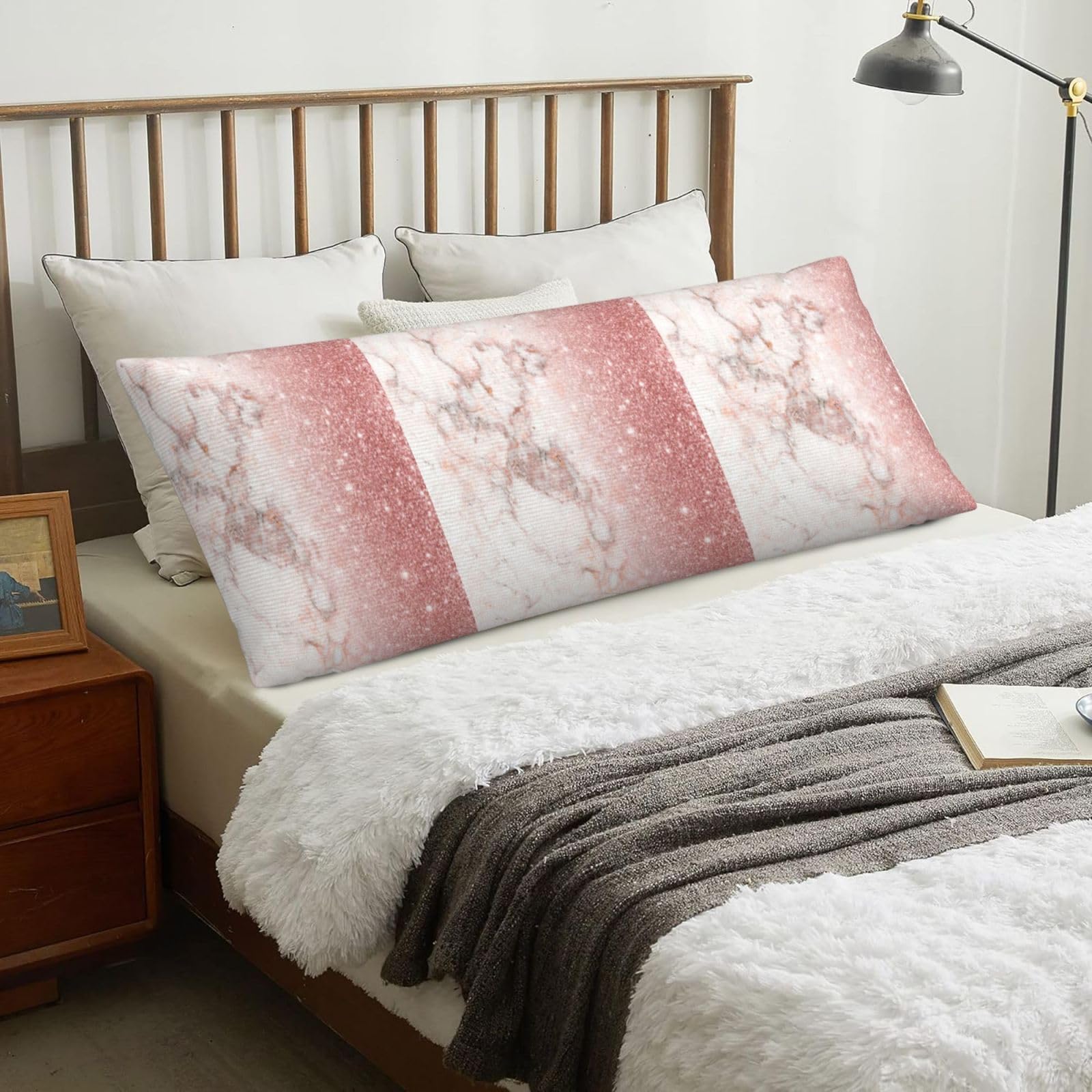 Faux Pink Rose Gold Glitter White Marble Ombre, Body Pillow Cover with Zipper,Long Body Pillowcase 20 x 60 in