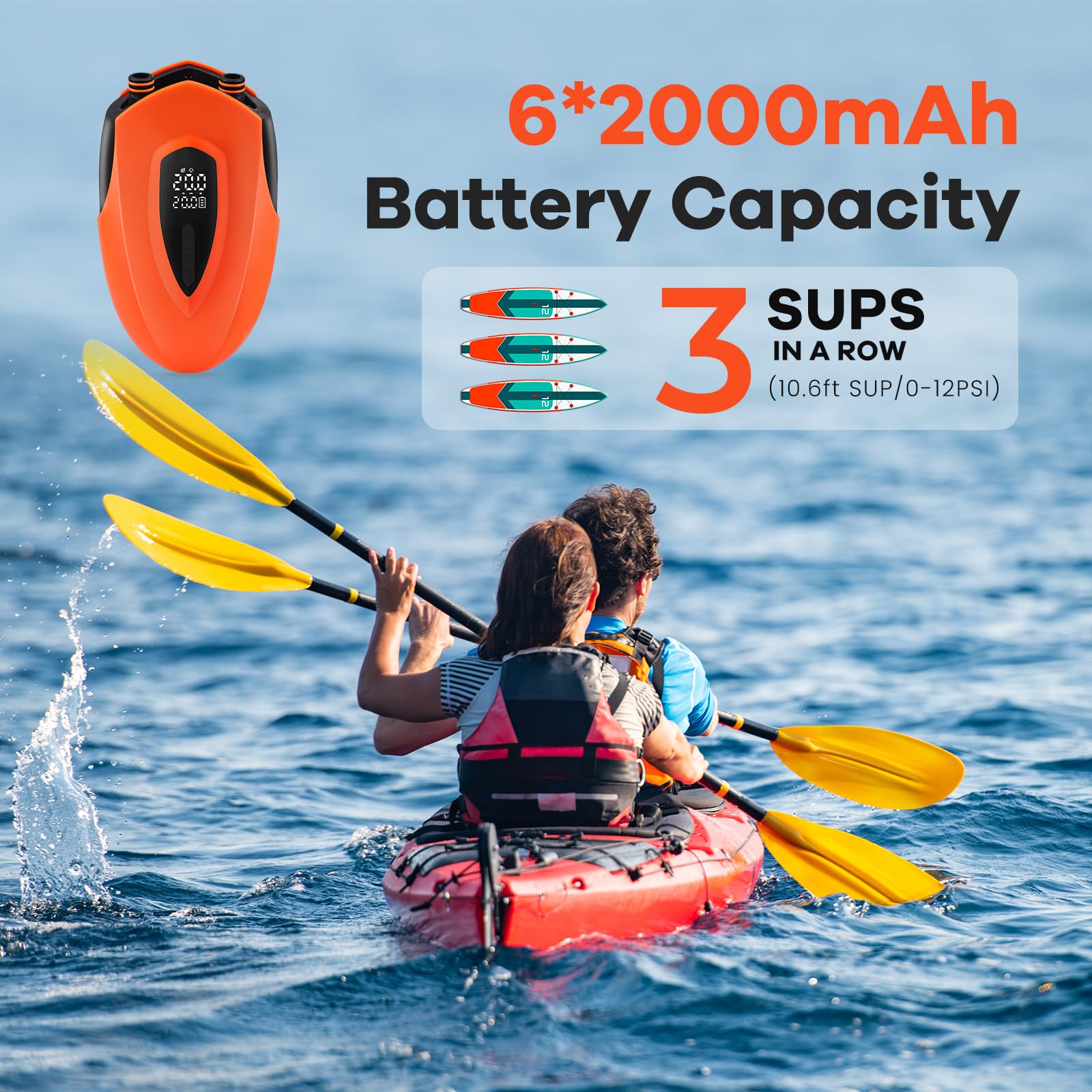 Pompe à Air SUP 20 PSI Avec 6 Buses, Pompe électrique Portable Avec Batterie De 12000 MAh, Pompe à Air Gonflable Sans Fil Pour Stand Up Paddle, Surf, Cerf-volant, Tente, Matelas (charge