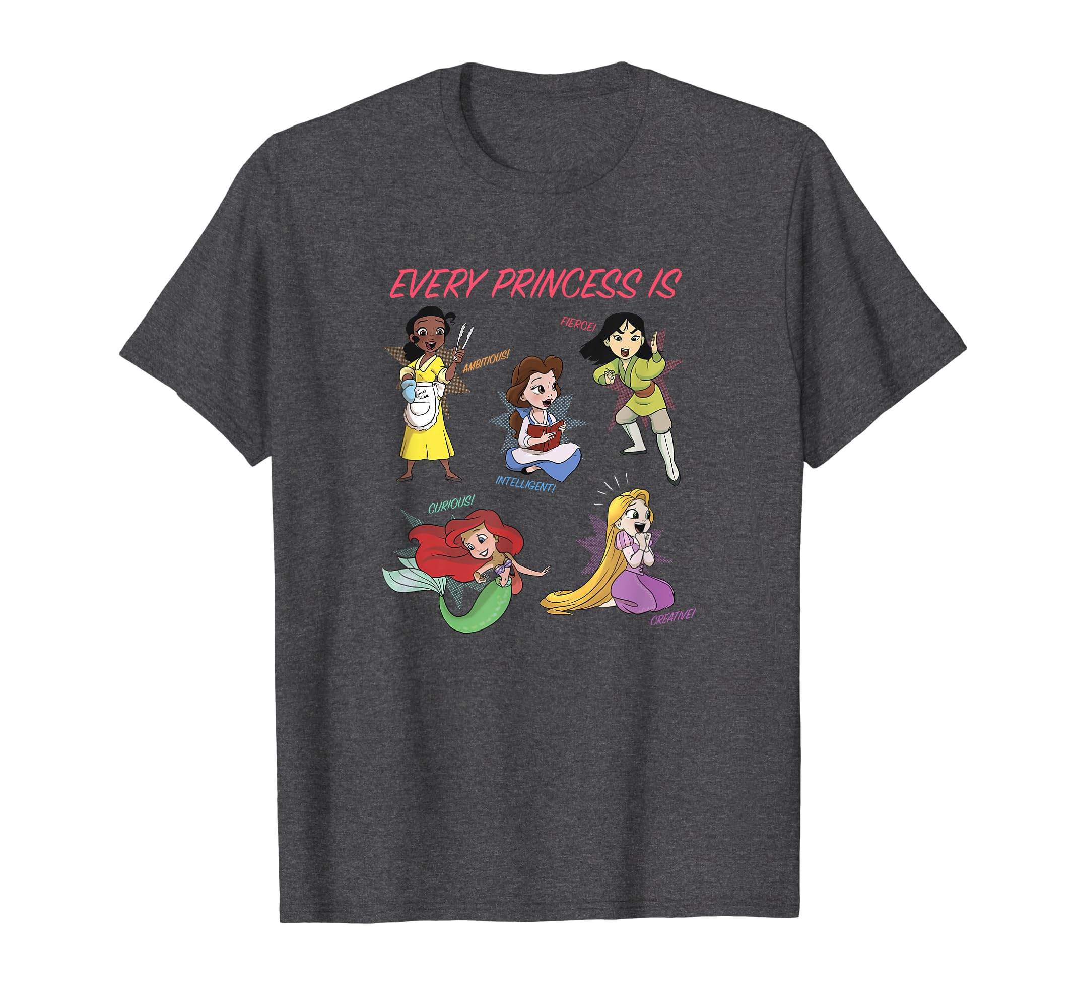 Disney Every Princess Attributes Group Shot Cartoon Style T-Shirt, Black