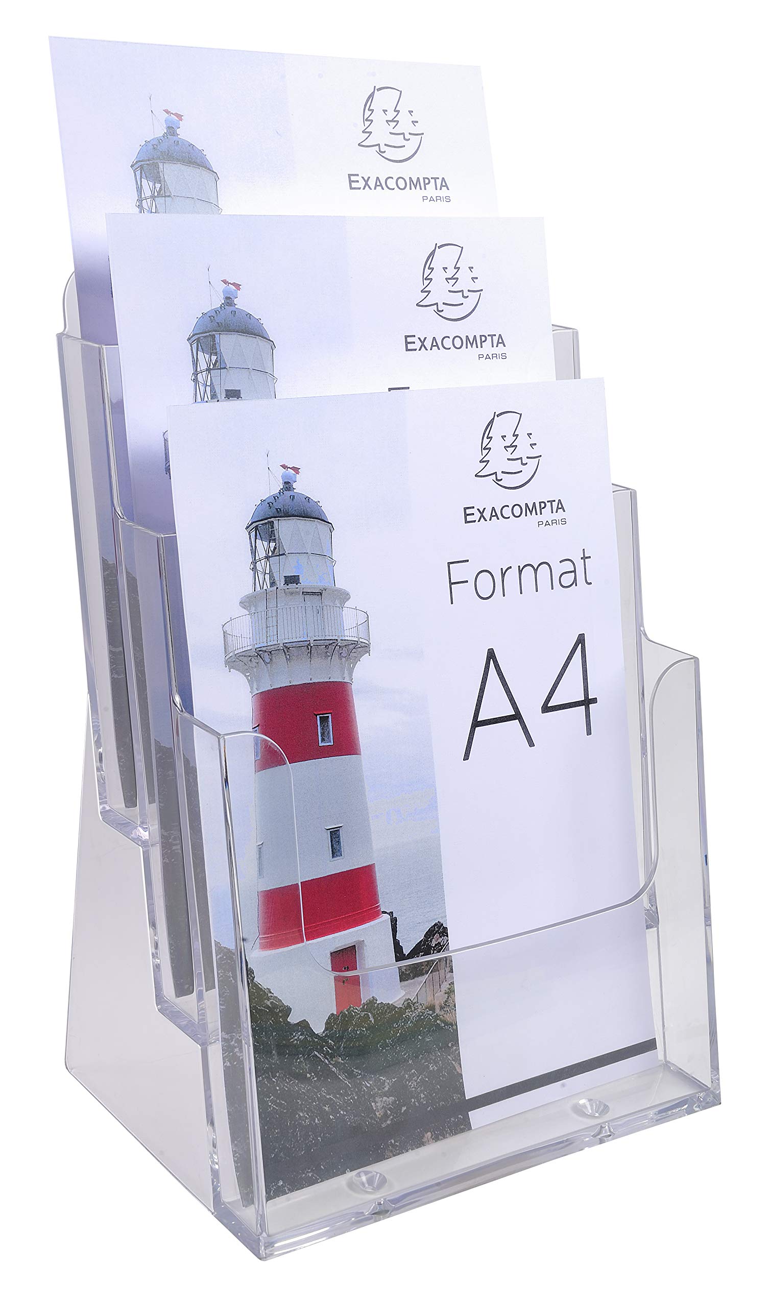 Exacompta – 74158D – Set de 4 dispensadores de folletos de sobremesa – 3 compartimentos – Monobloc – Dimensiones: Prof. 15,5 x ancho 23,7 x Alto 33,9 cm – Formato para archivar A4 – Cristal