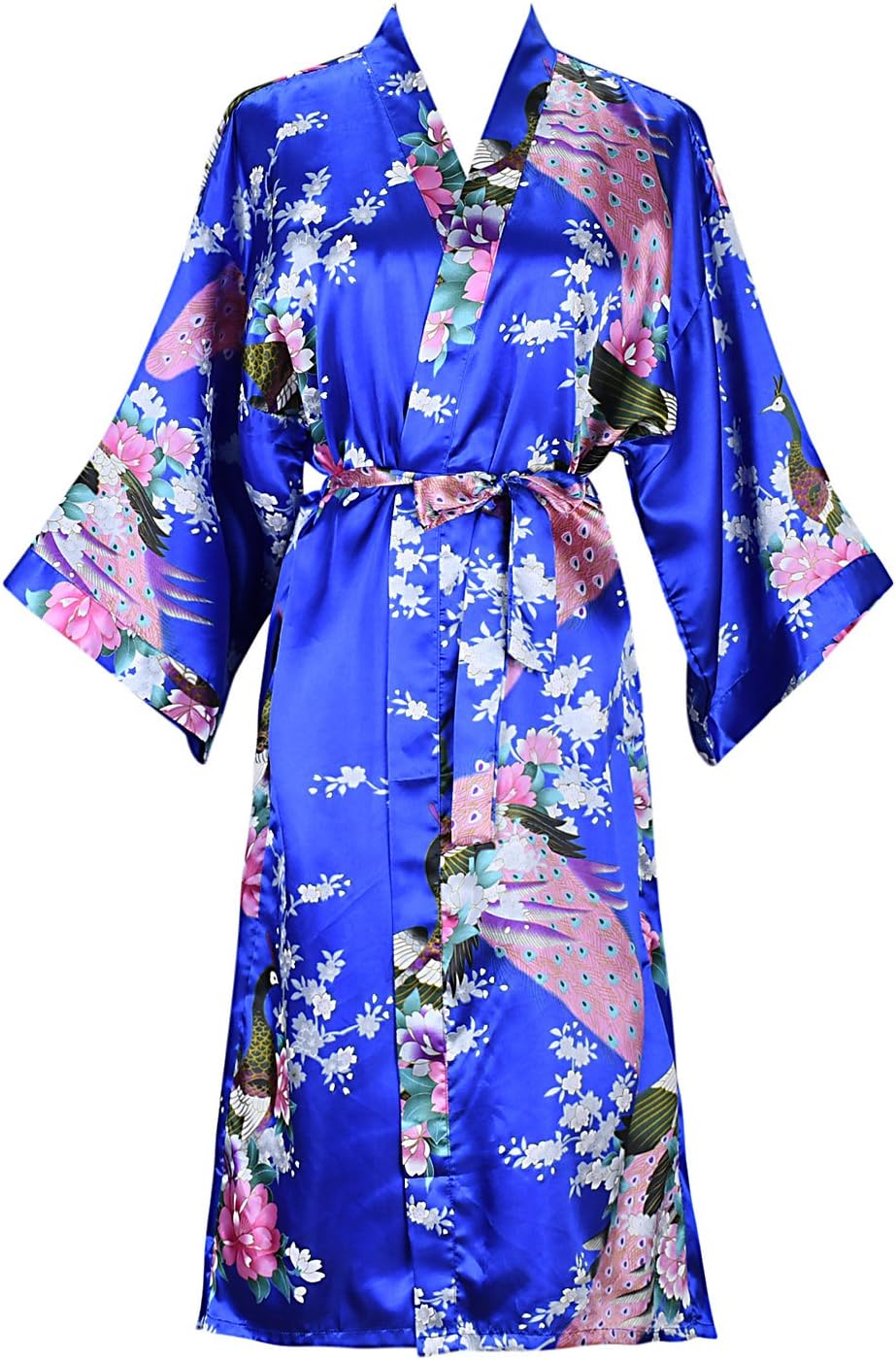 ELLENWELL Women Kimono Robe Silk Pajamas Loungewear Peacock Satin Nightwear