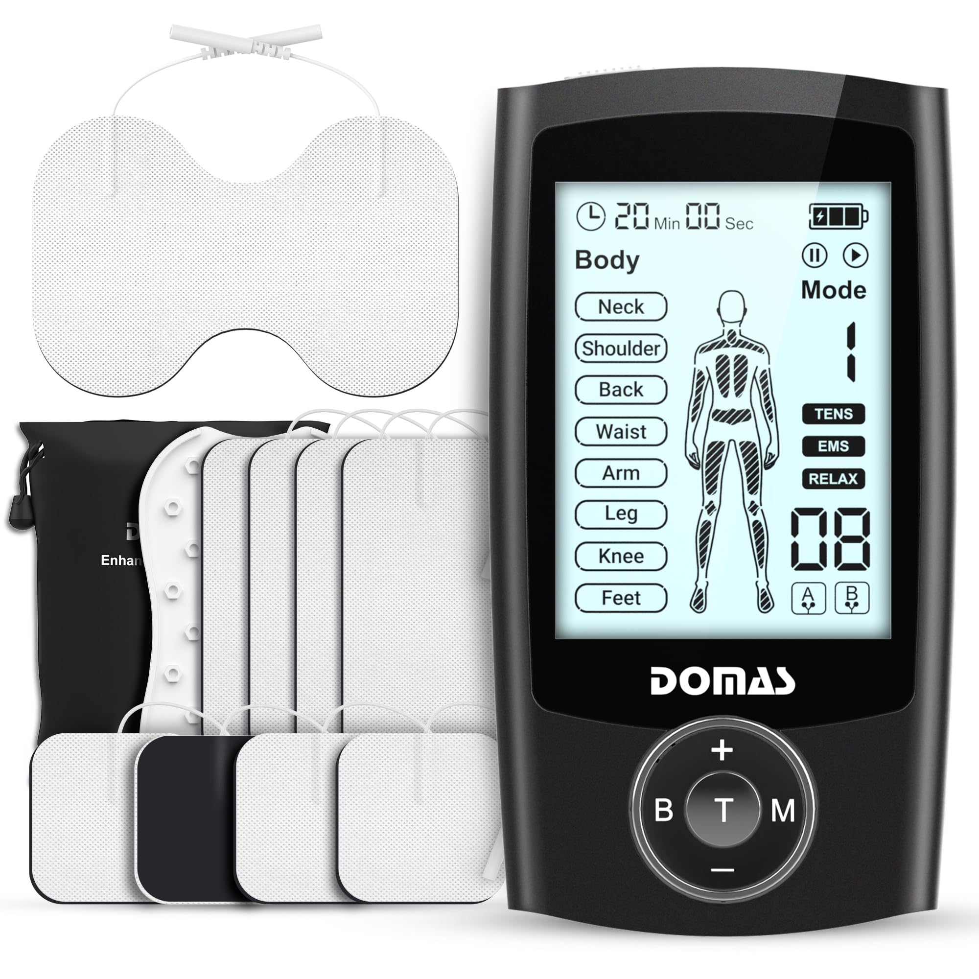 DOMAS TENS Unit Muscle Stimulator with 24 Modes Rechargeable TENS Device Electronic Pulse Massager Physical Therapy Equipment with12 PCS Electrode Pads for Natural Pain Relief