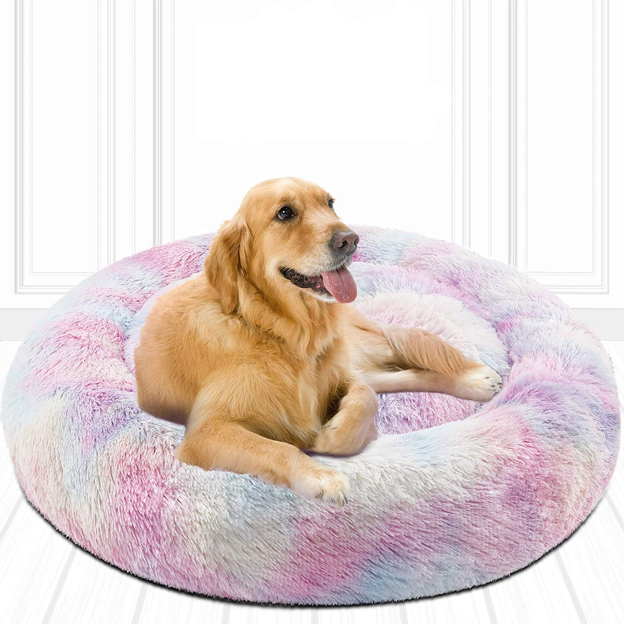Friends Forever Donut Cat Bed, Faux Fur Dog Beds for Medium Small Dogs - Self Warming Indoor Round Pillow Cuddle