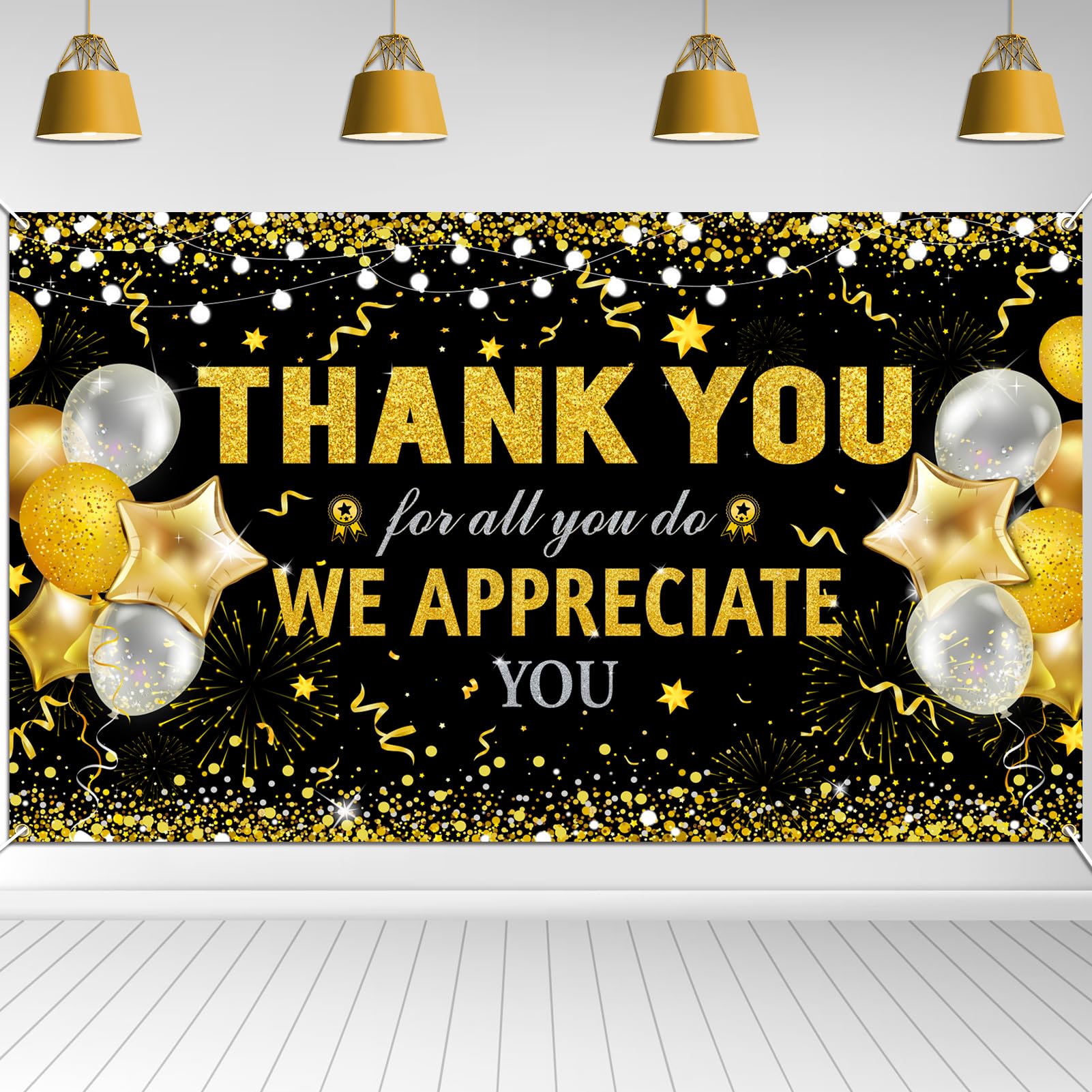 HOWAF Thank You for All You Do Banner, Employee Appreciation for Staff Teachers Doctors Party Decoration, We Appreciate You Backdrop, Black and Gold,