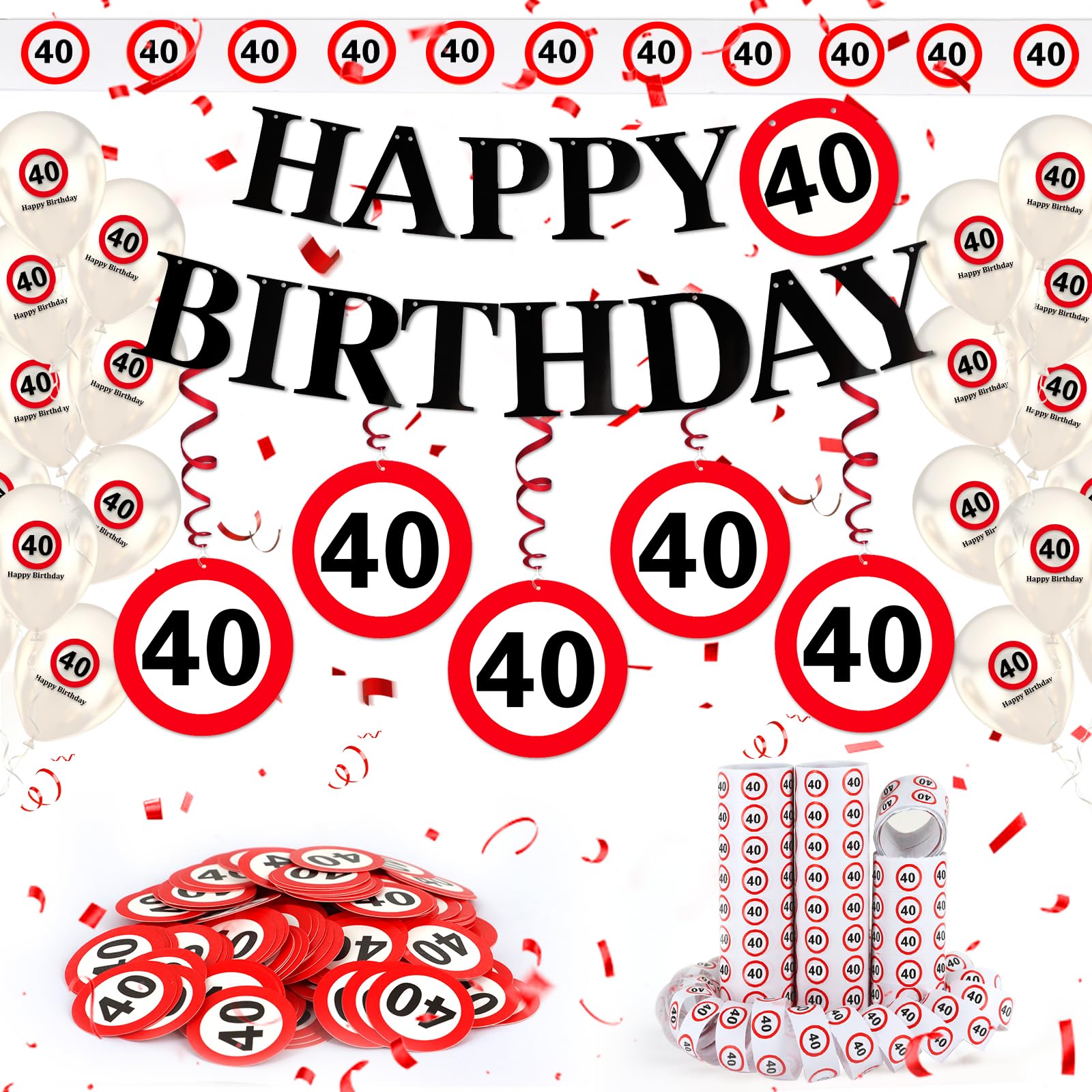 WenmthG 40 Geburtstag Deko Männer Frauen, 40. Geburtstag Deko mit Girlande, Luftballons, Luftschlangen, Banner, Konfetti - Verkehrsschild zum 40 Jahre, Verkehrszeichen 40. Geburtstagsdeko