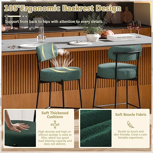 Miniatura 3 de DYHOME Juego de 2 taburetes de bar, verde esmeralda de 24 pulgadas, modernos taburetes de bar de altura de mostrador, taburetes de bar tapizados con