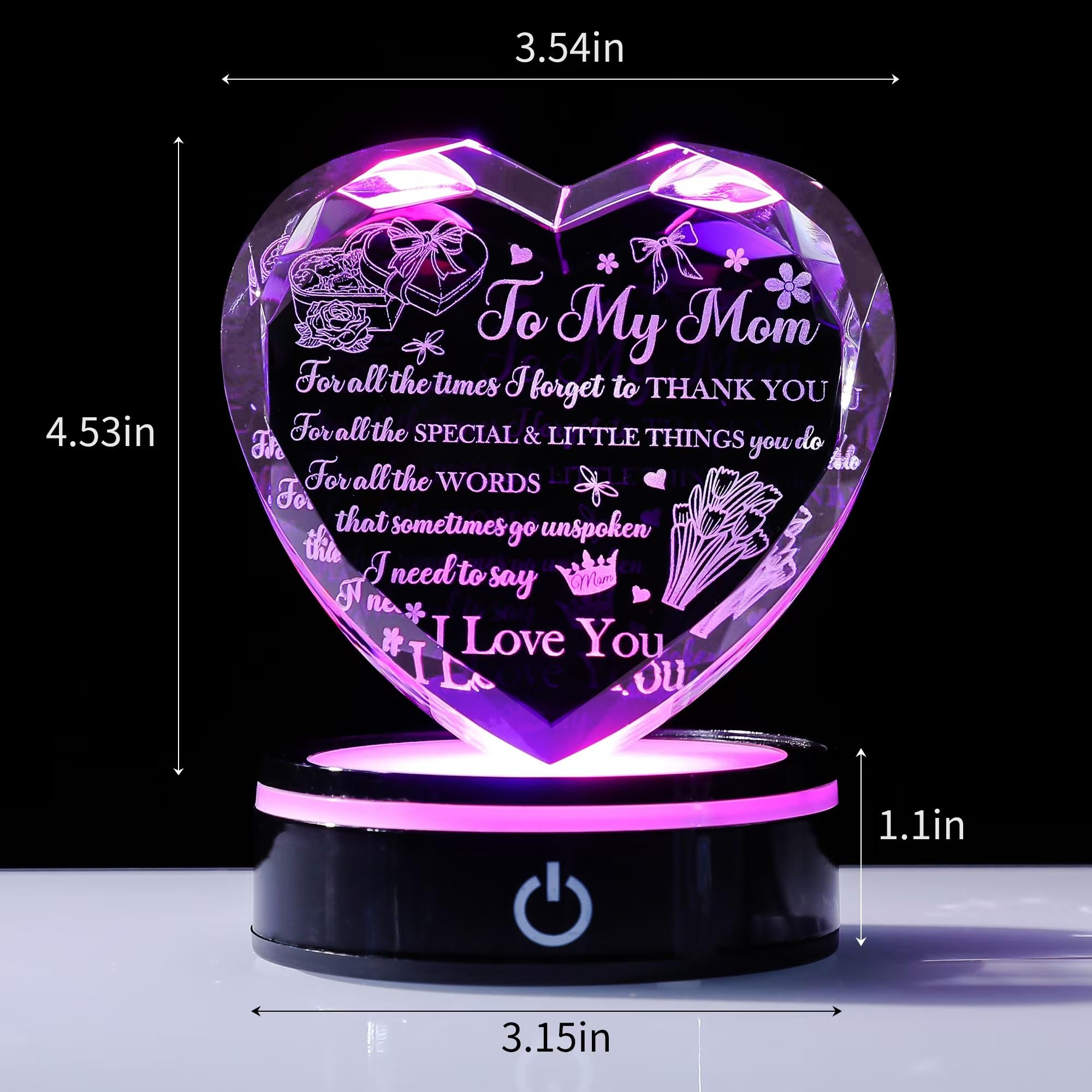 Regalo de corazón de cristal con base LED, mensaje grabado con láser «A Mother's Love is Forever», regalo significativo de cumpleaños, día de la madre de parte de su hija, hijo, recuerdo de